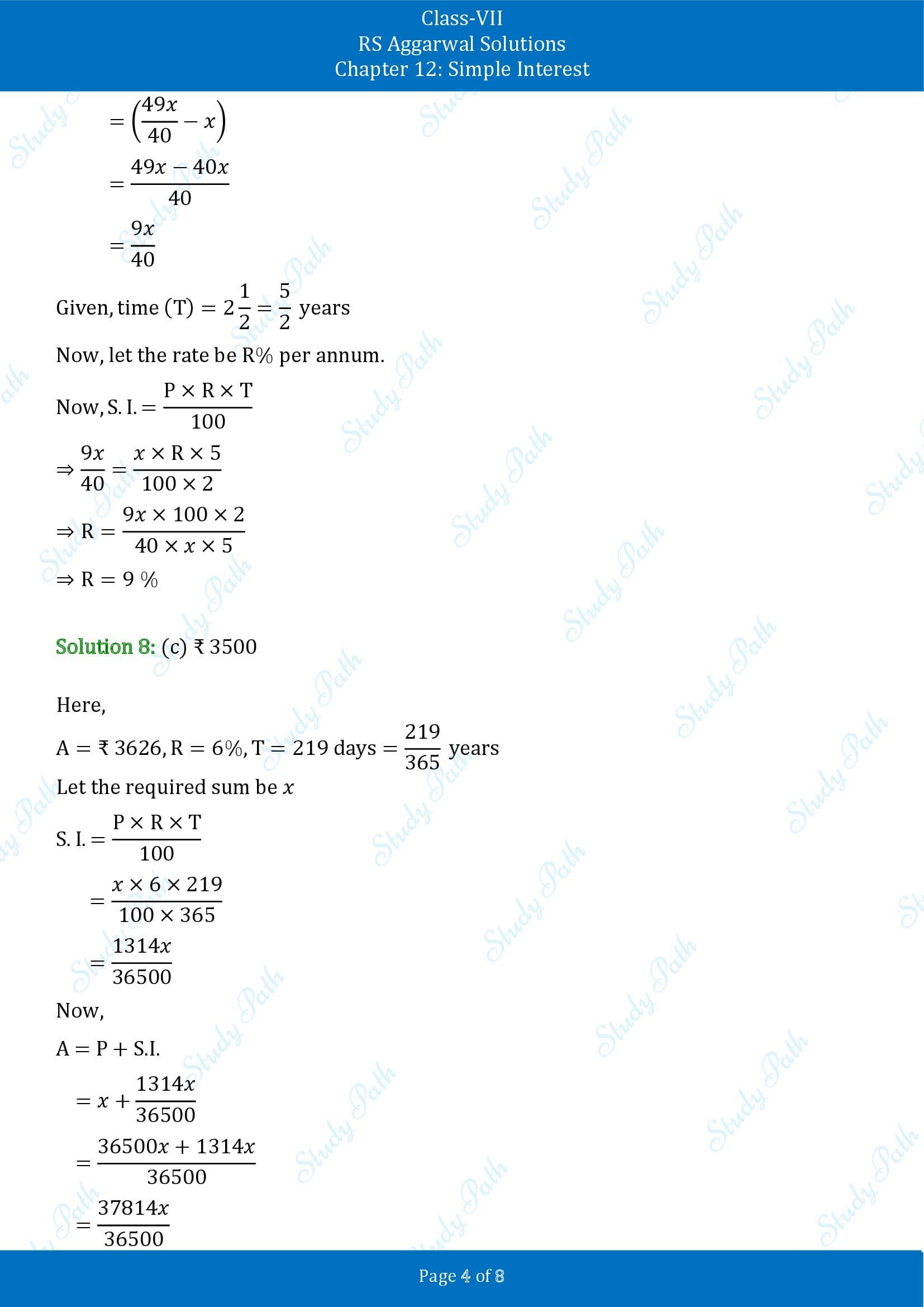 RS Aggarwal Solutions Class 7 Chapter 12 Simple Interest Test Paper 00004