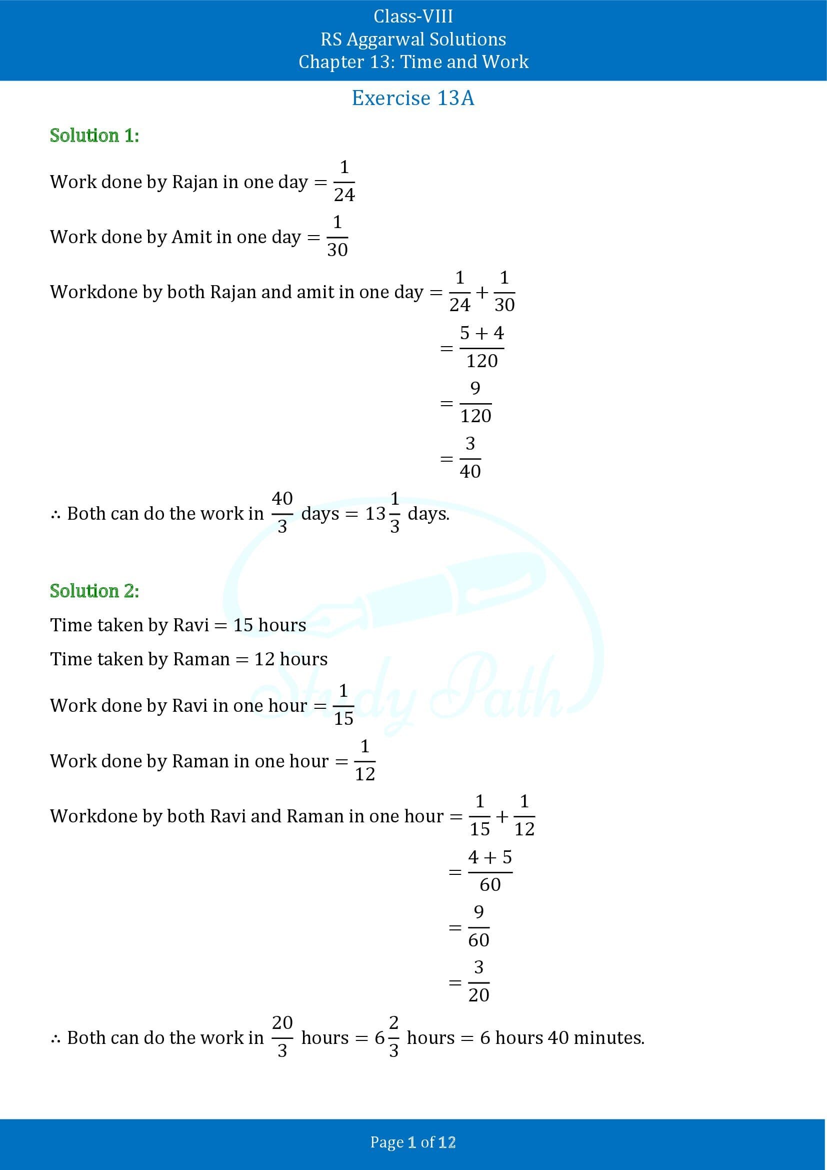 RS Aggarwal Solutions Class 8 Chapter 13 Time and Work Exercise 13A 00001
