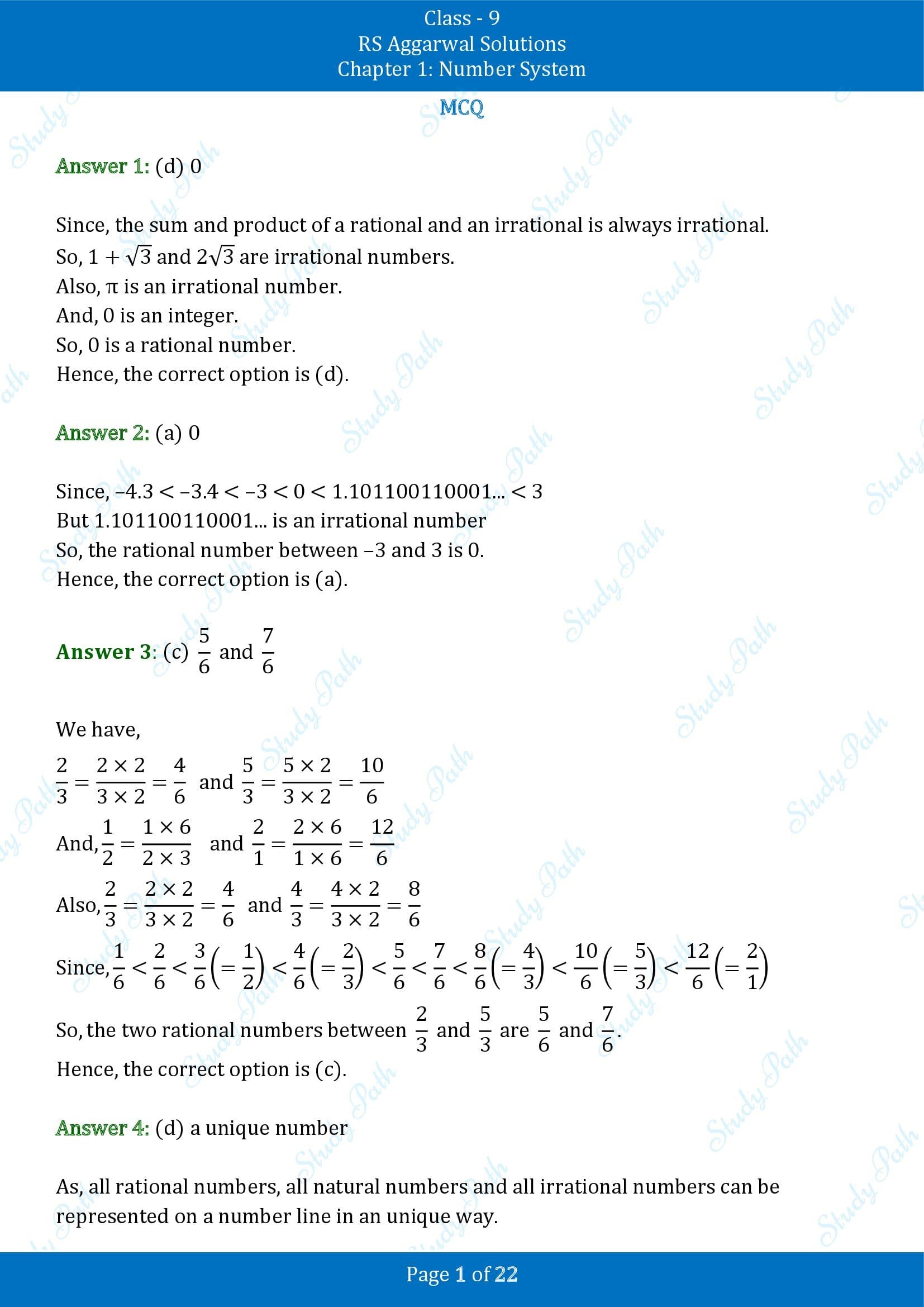 RS Aggarwal Solutions Class 9 Chapter 1 Number System Multiple Choice Questions MCQs 00001