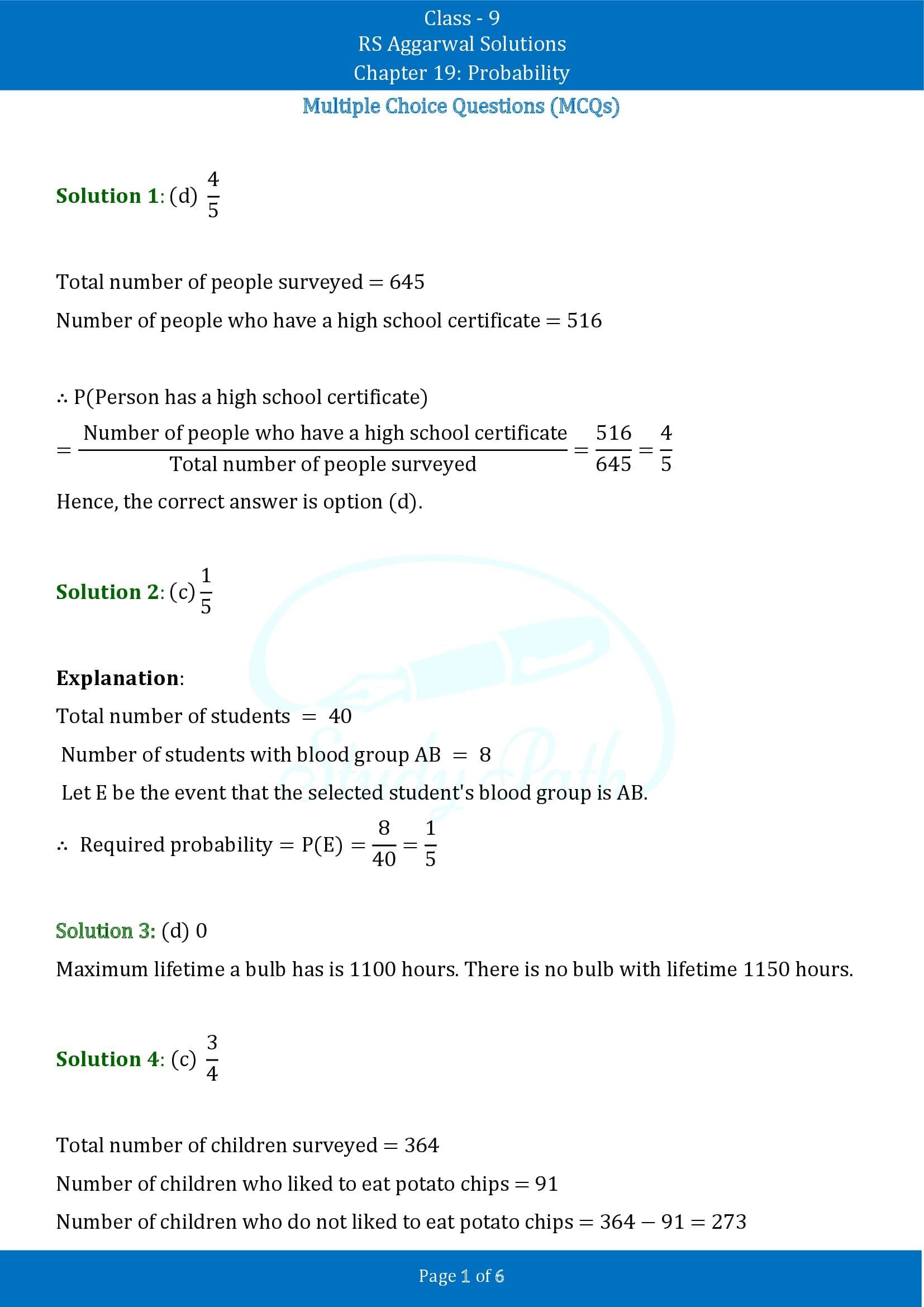RS Aggarwal Solutions Class 9 Chapter 19 Probability Multiple Choice Questions MCQs 00001