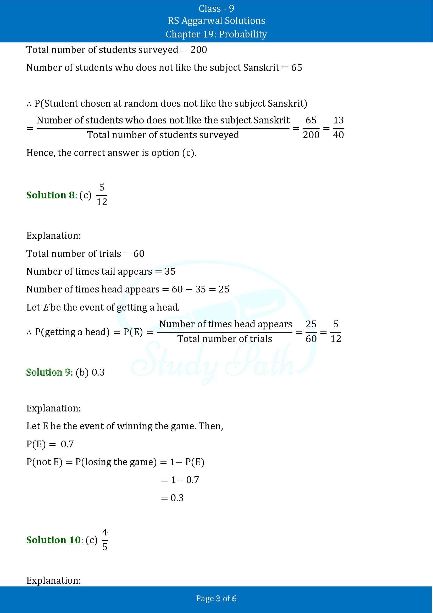 RS Aggarwal Solutions Class 9 Chapter 19 Probability Multiple Choice Questions MCQs 00003