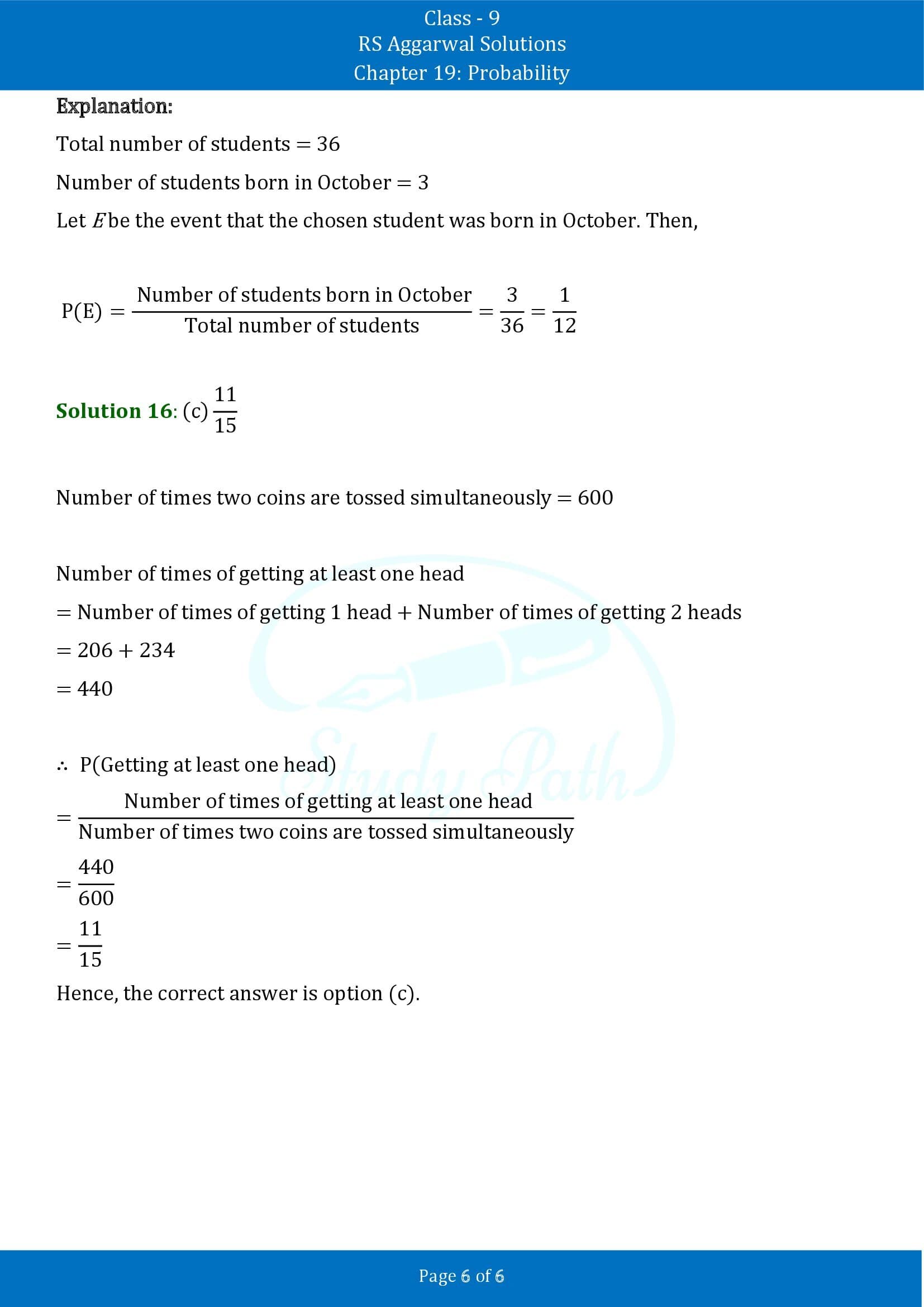 RS Aggarwal Solutions Class 9 Chapter 19 Probability Multiple Choice Questions MCQs 00006
