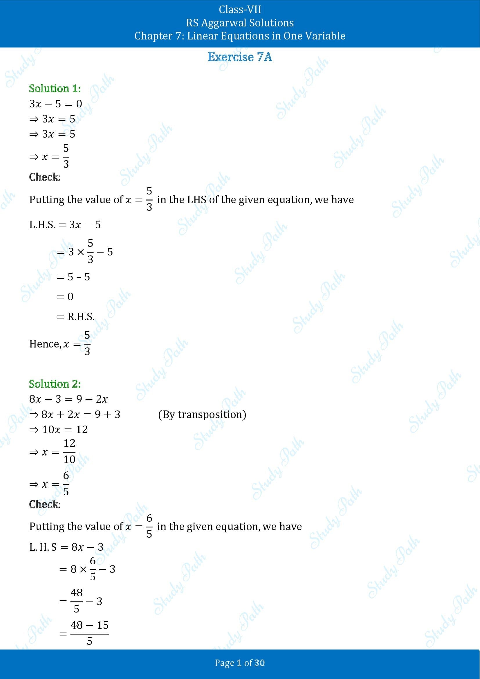 RS Aggarwal Solutions Class 7 Chapter 7 Linear Equations in One Variable Exercise 7A 00001