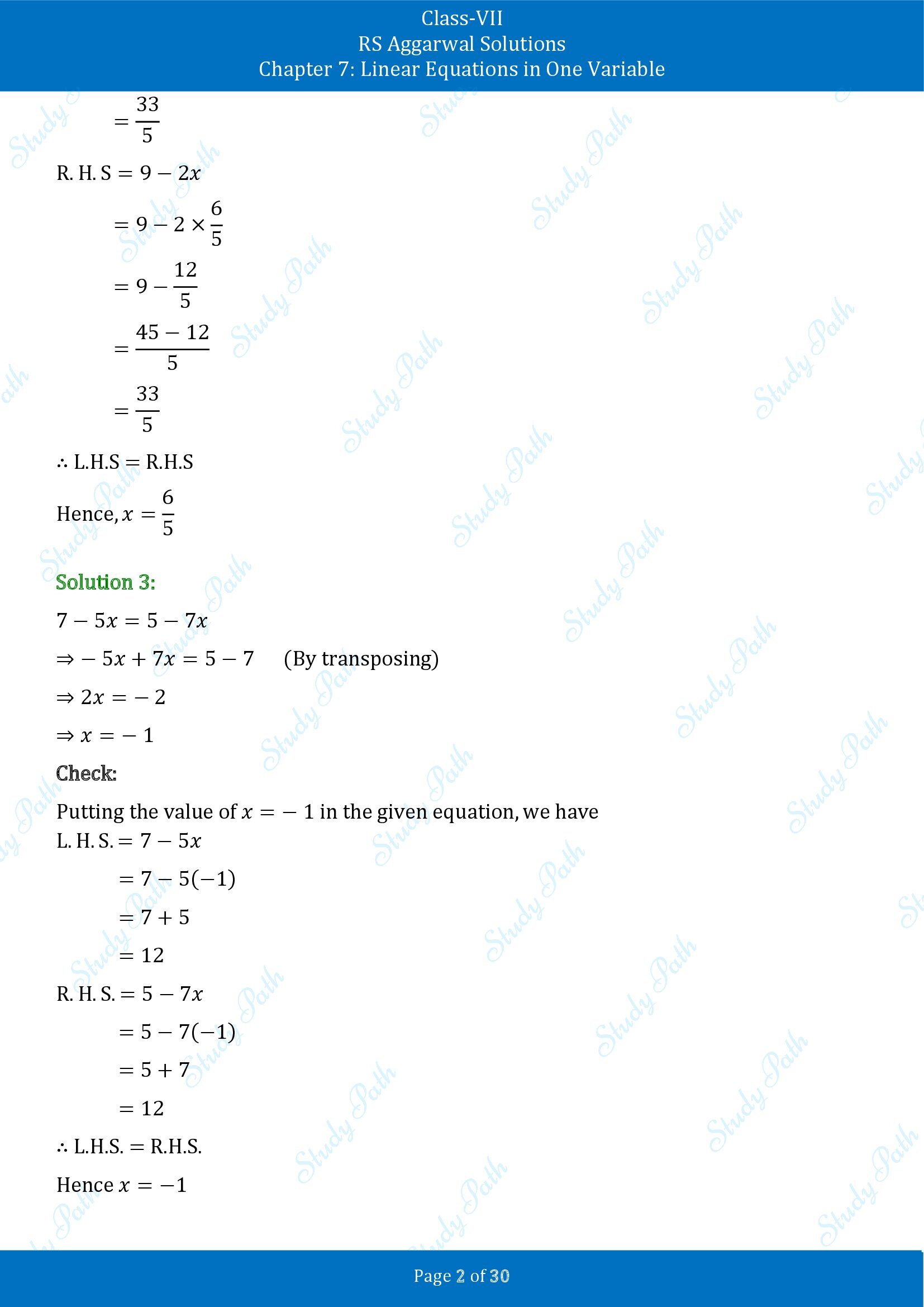 RS Aggarwal Solutions Class 7 Chapter 7 Linear Equations in One Variable Exercise 7A 00002