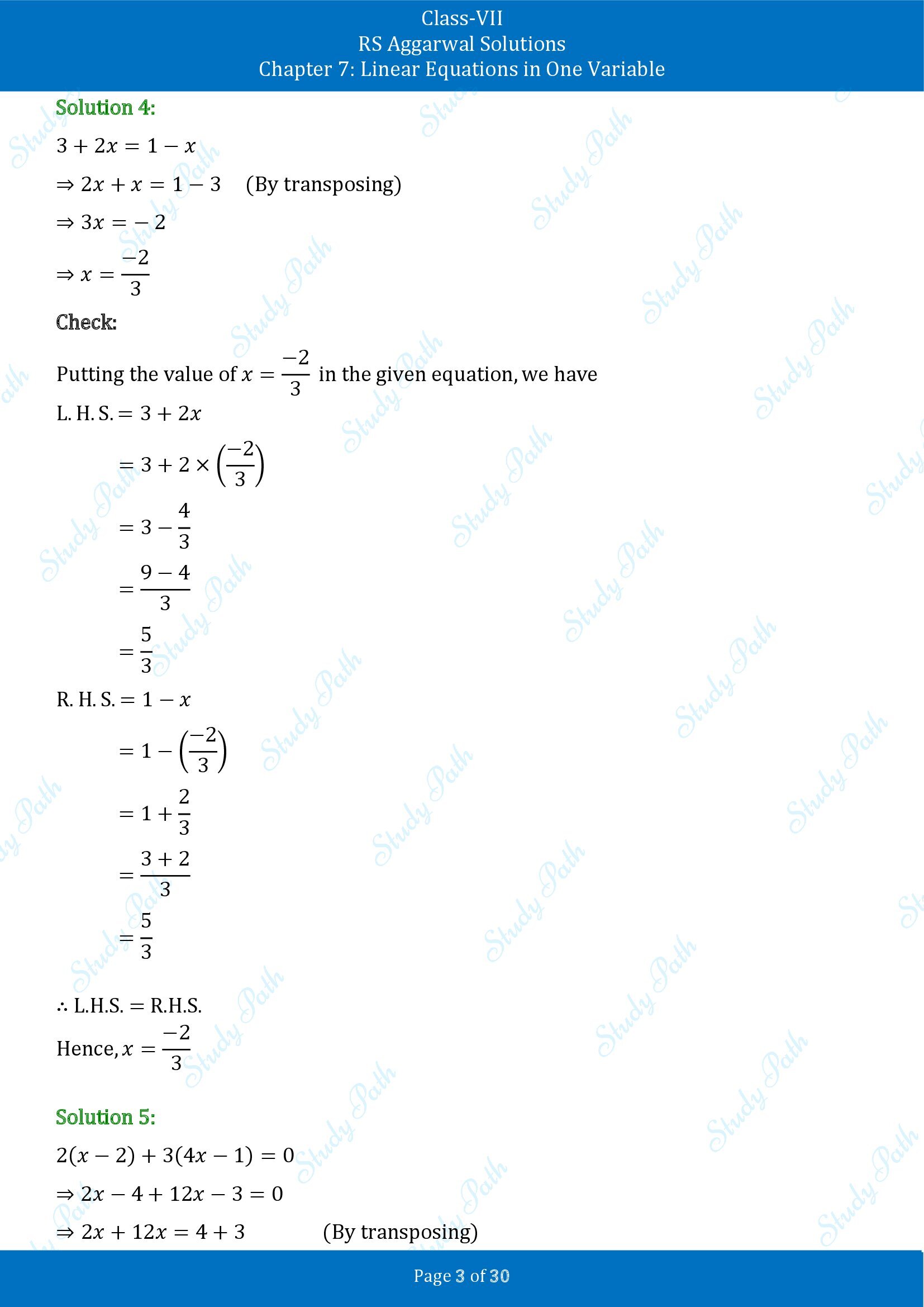 RS Aggarwal Solutions Class 7 Chapter 7 Linear Equations in One Variable Exercise 7A 00003