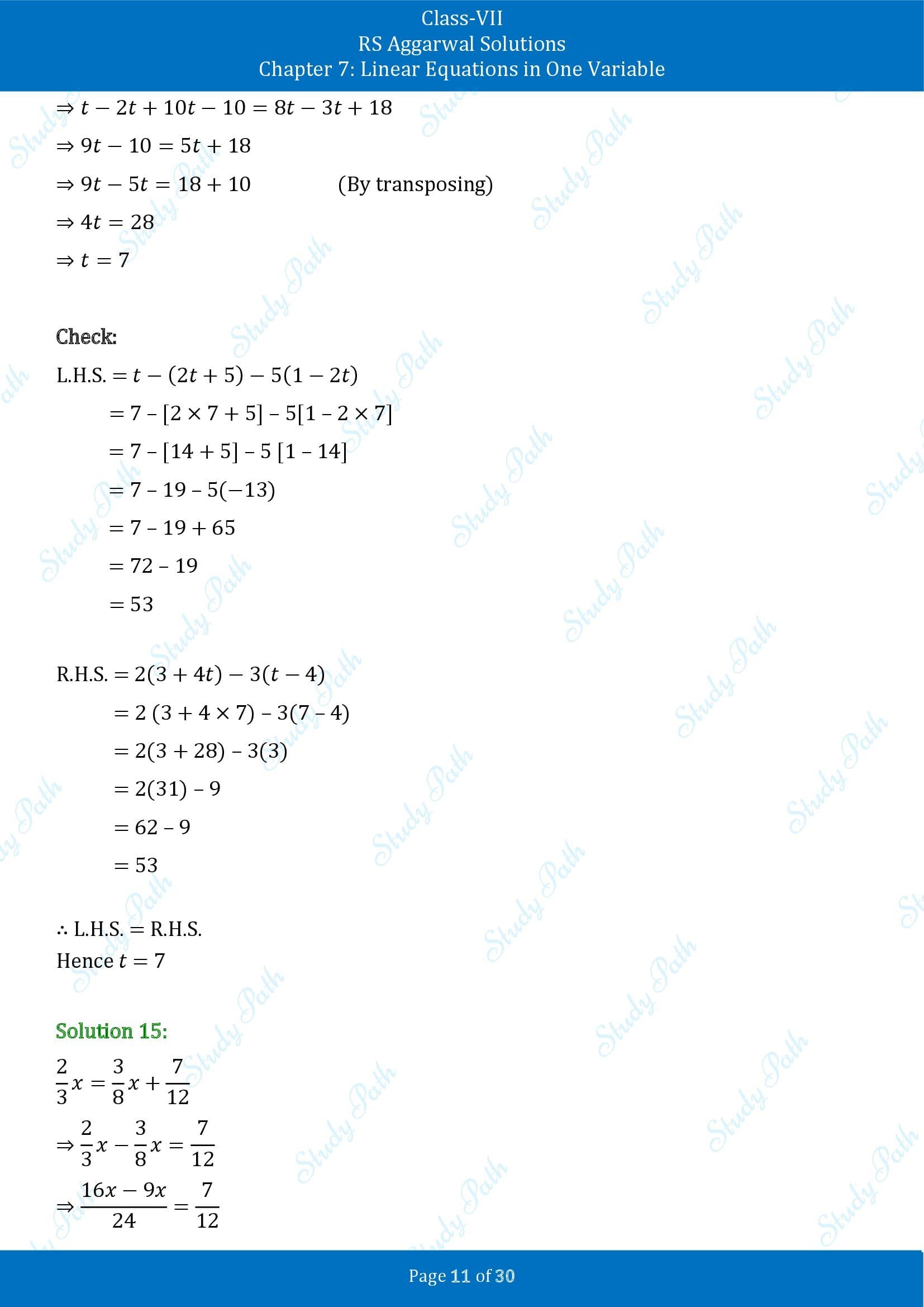 RS Aggarwal Solutions Class 7 Chapter 7 Linear Equations in One Variable Exercise 7A 00011