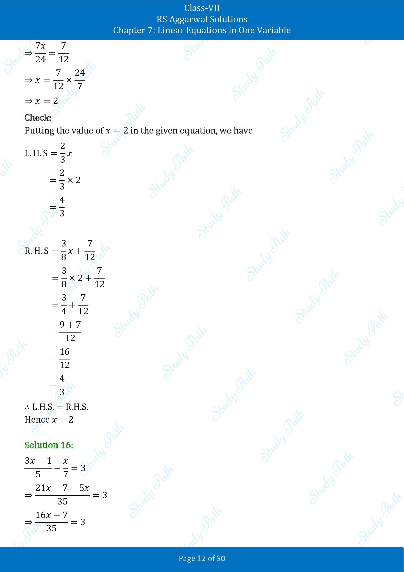 RS Aggarwal Solutions Class 7 Chapter 7 Linear Equations in One Variable Exercise 7A 00012