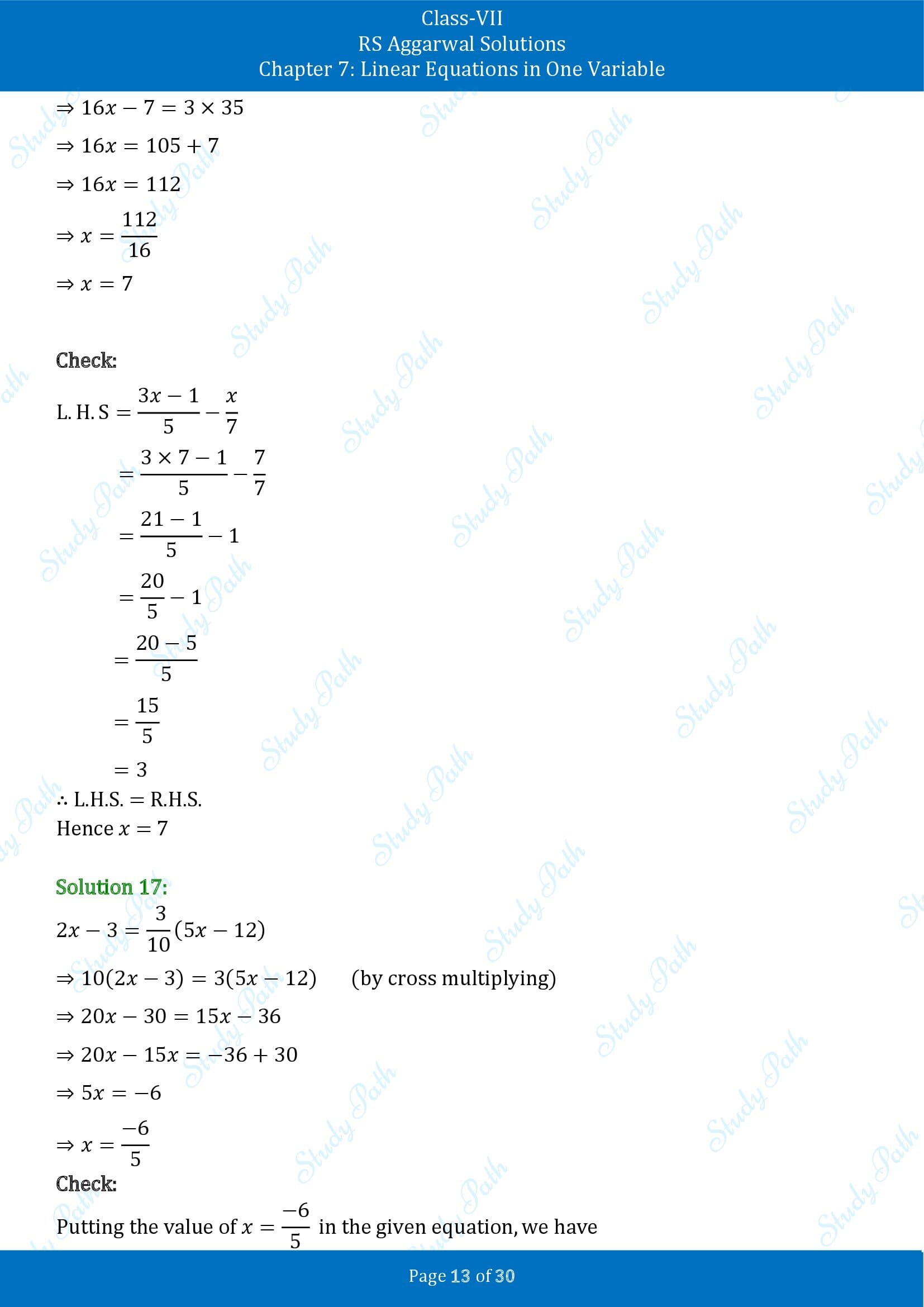 RS Aggarwal Solutions Class 7 Chapter 7 Linear Equations in One Variable Exercise 7A 00013