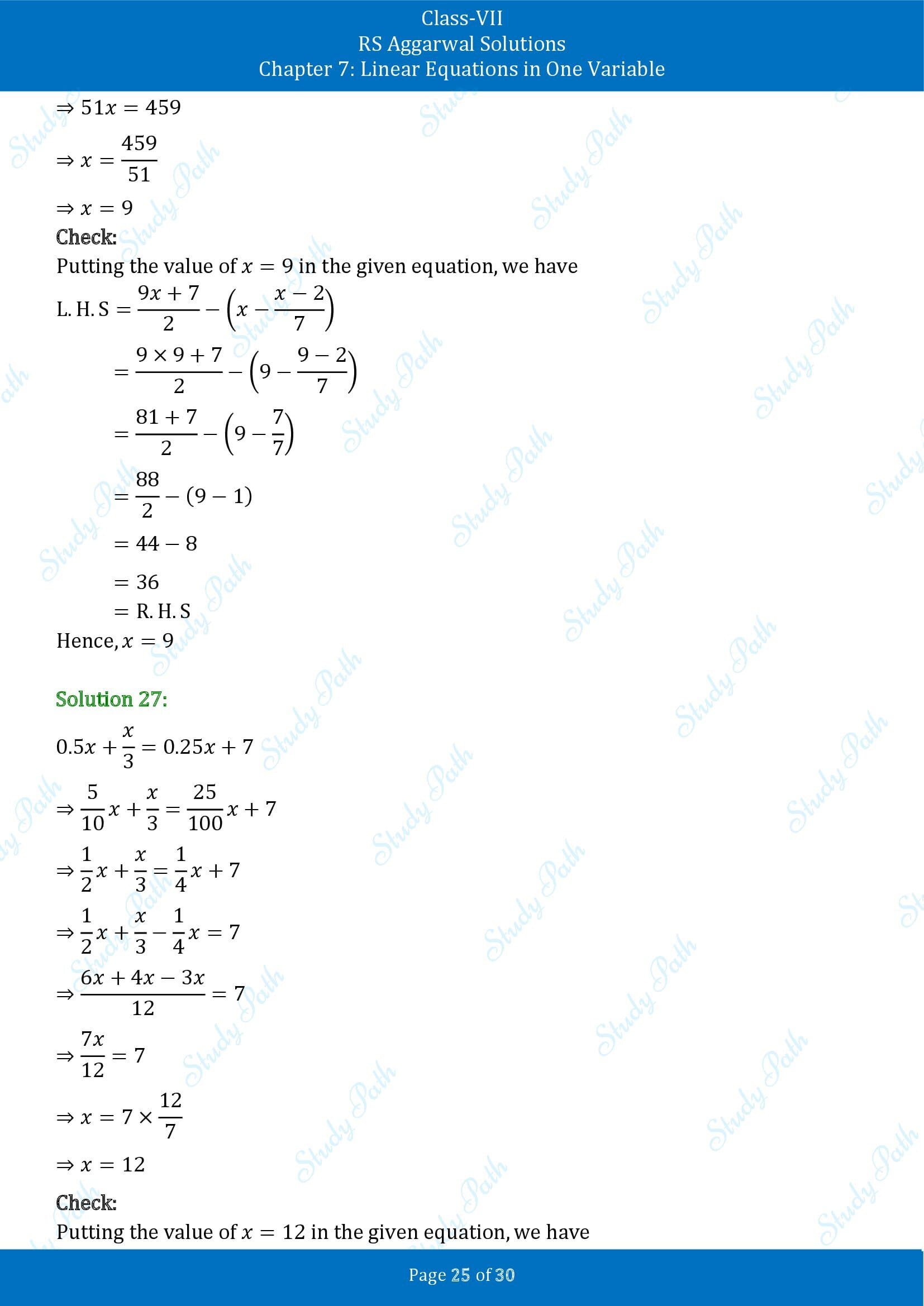RS Aggarwal Solutions Class 7 Chapter 7 Linear Equations in One Variable Exercise 7A 00025