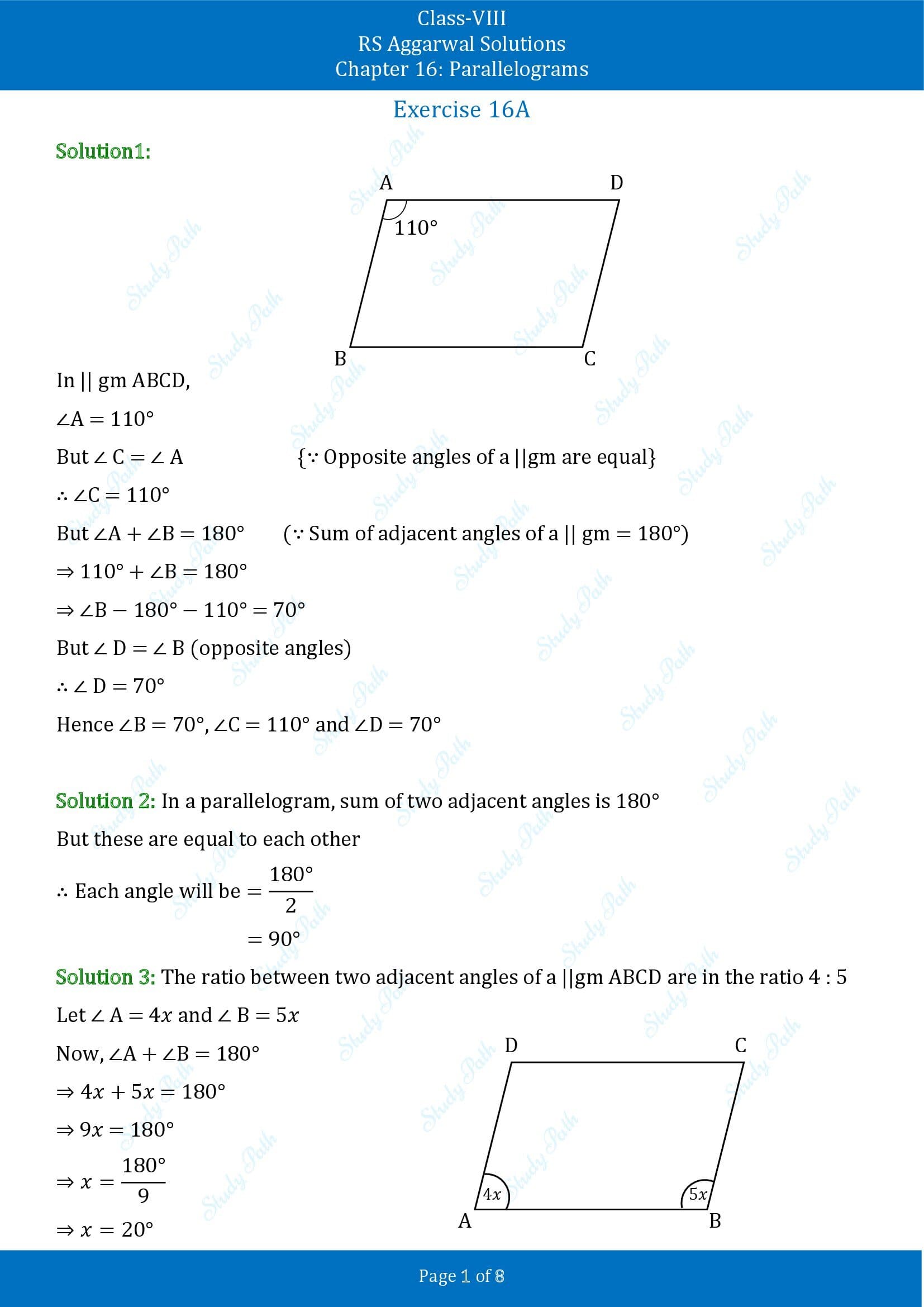 RS Aggarwal Solutions Class 8 Chapter 16 Parallelograms Exercise 16A 00001