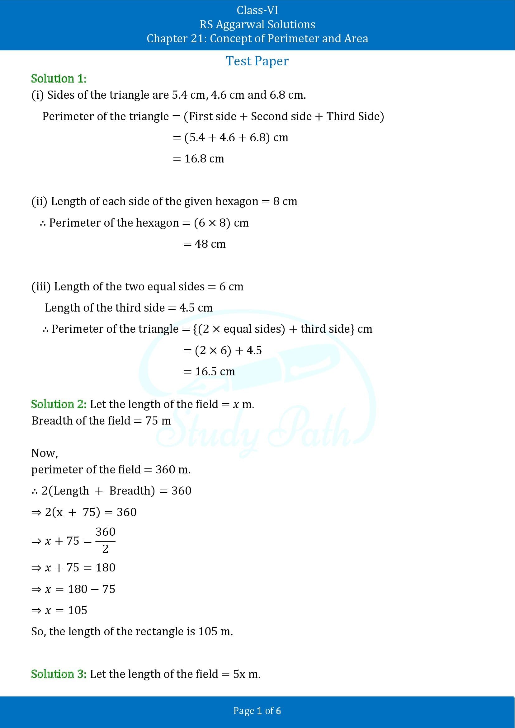 RS Aggarwal Solutions Class 6 Chapter 21 Concept of Perimeter and Area Test Paper 00001