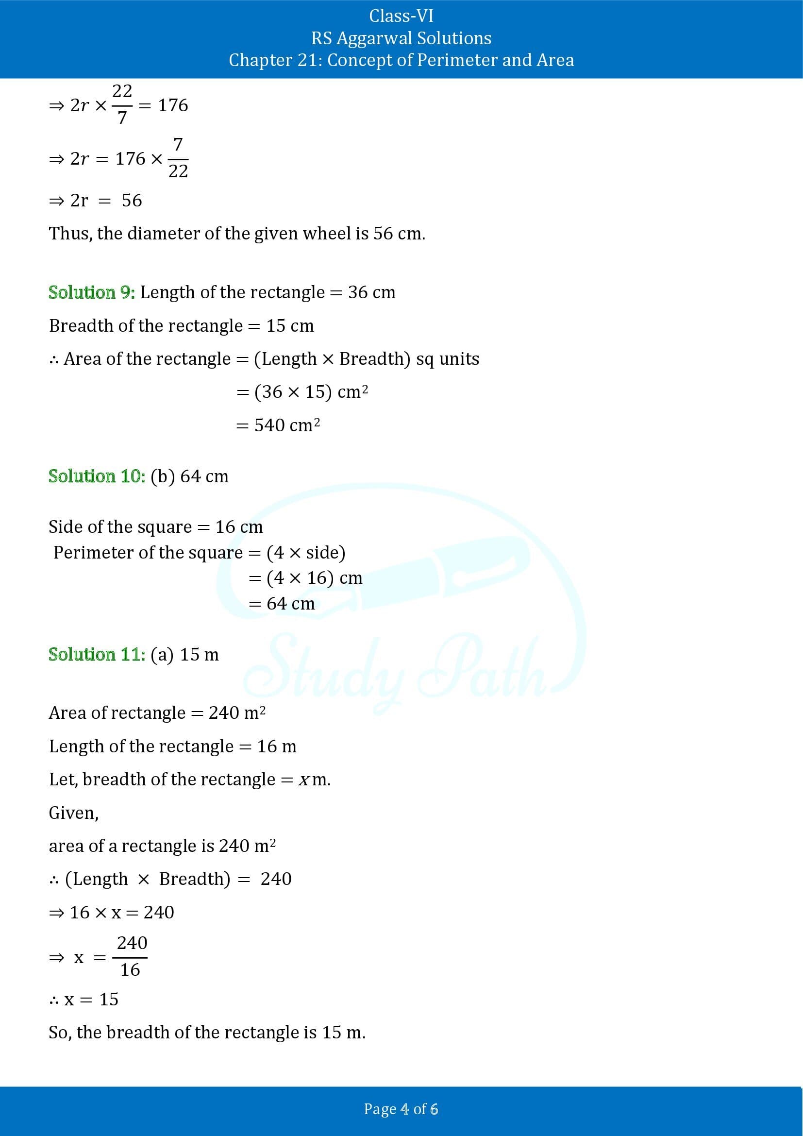 RS Aggarwal Solutions Class 6 Chapter 21 Concept of Perimeter and Area Test Paper 00004