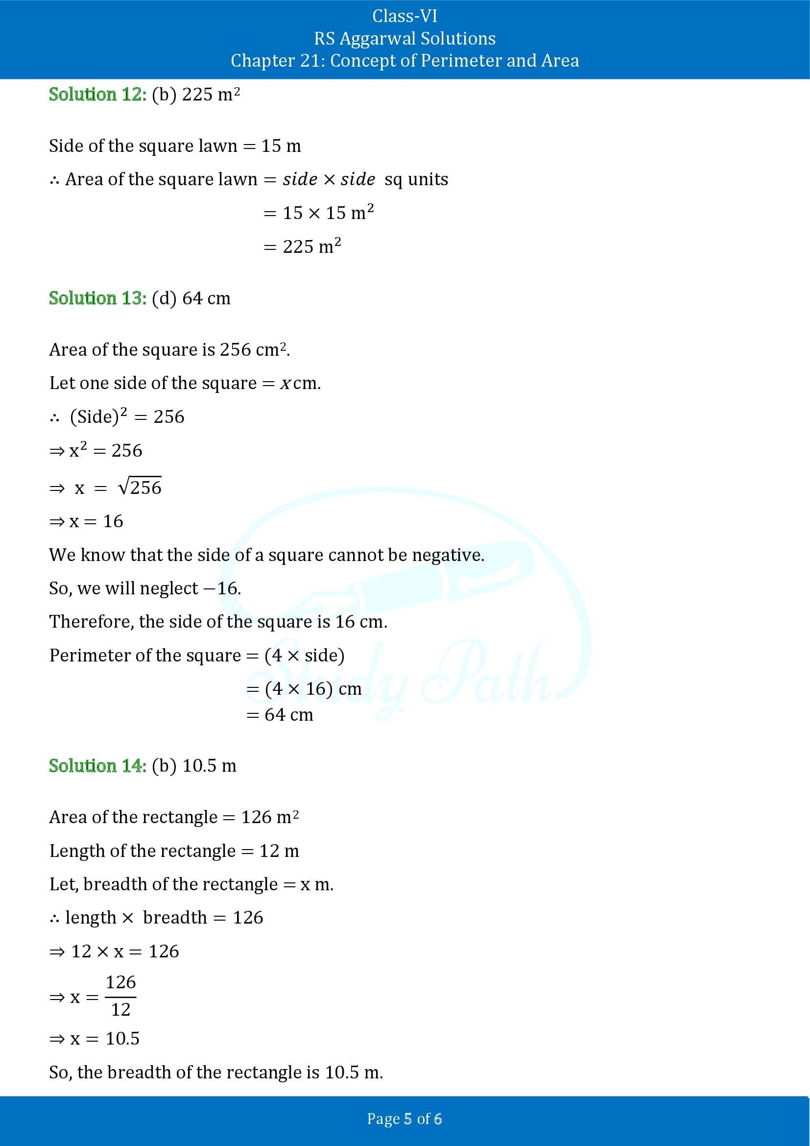 RS Aggarwal Solutions Class 6 Chapter 21 Concept of Perimeter and Area Test Paper 00005