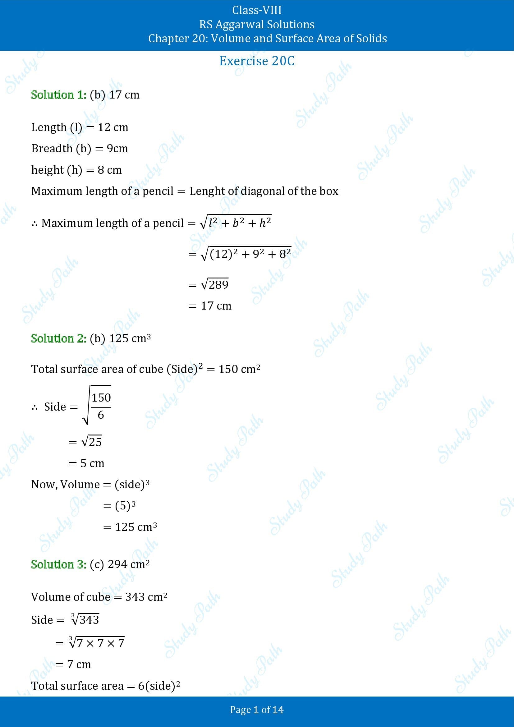 RS Aggarwal Solutions Class 8 Chapter 20 Volume and Surface Area of Solids Exercise 20C MCQs 00001