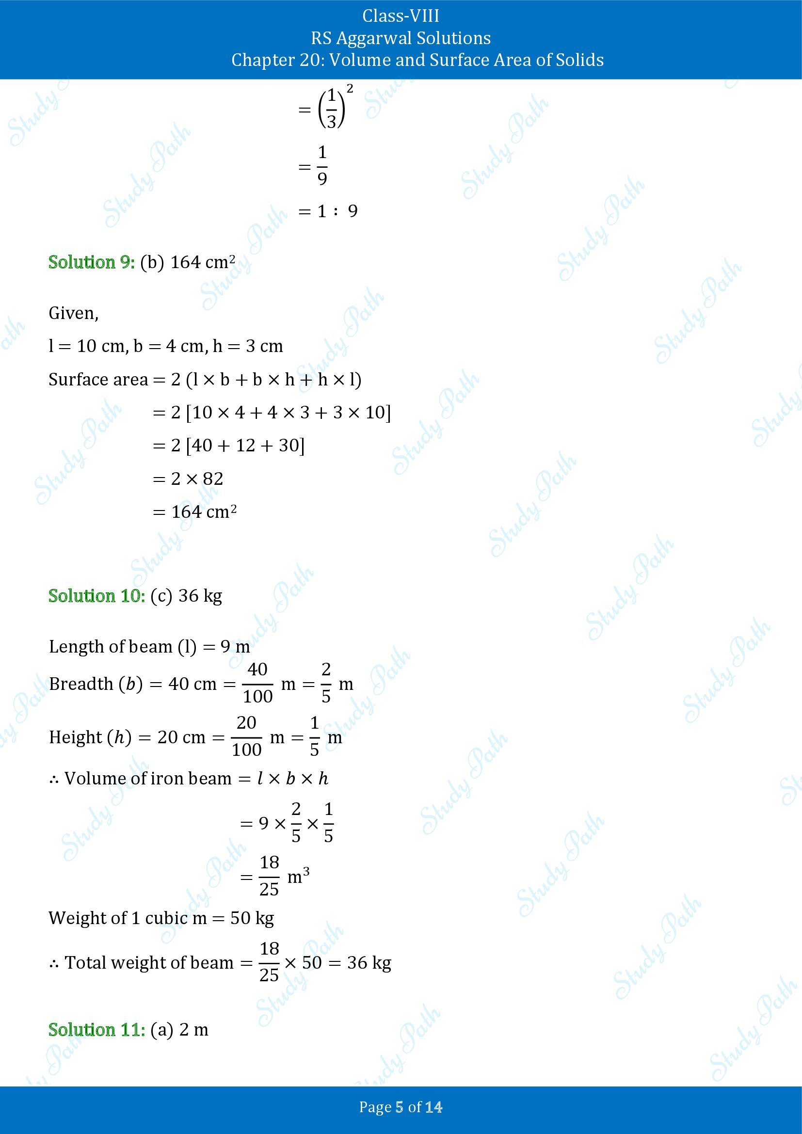 RS Aggarwal Solutions Class 8 Chapter 20 Volume and Surface Area of Solids Exercise 20C MCQs 00005