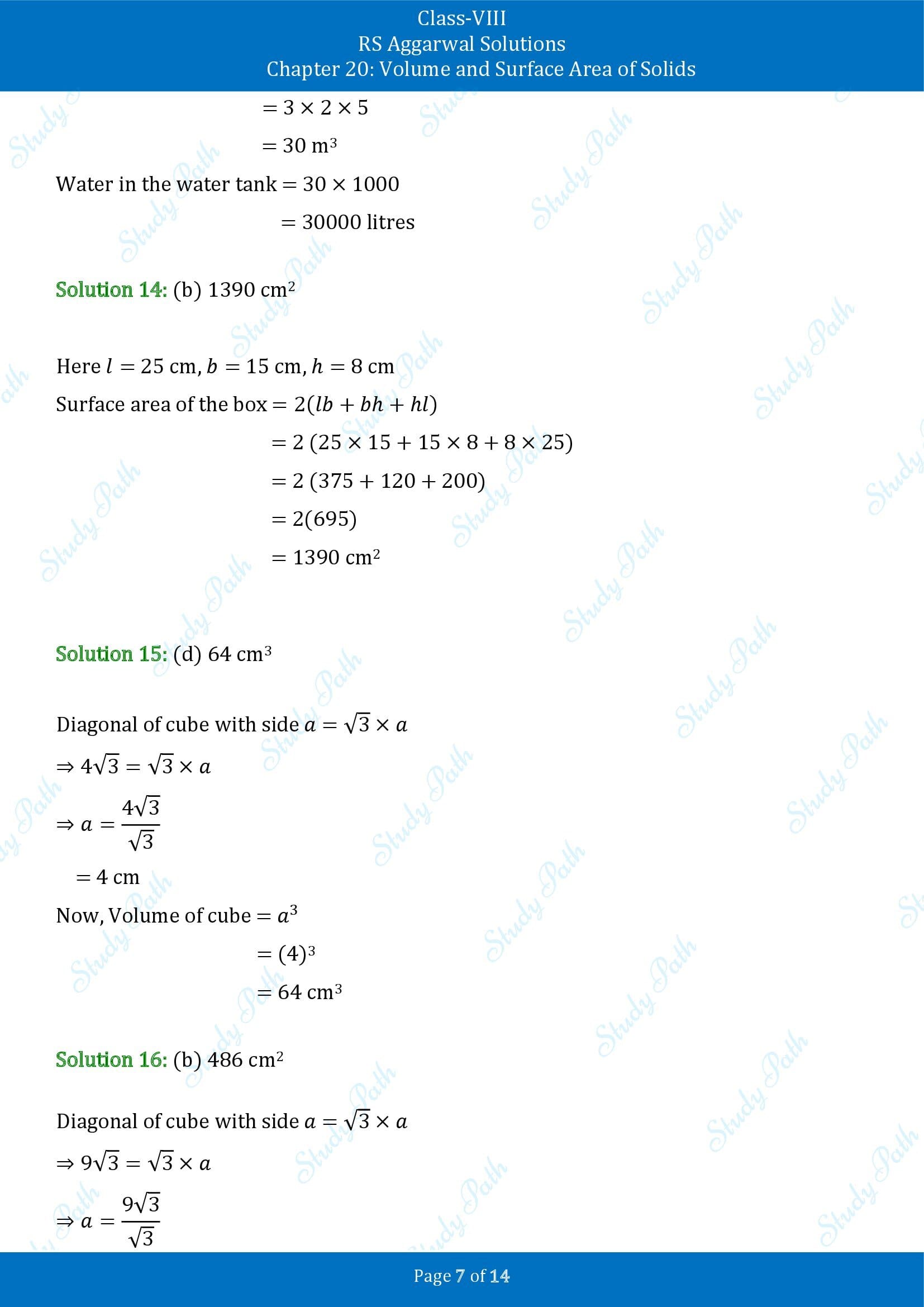 RS Aggarwal Solutions Class 8 Chapter 20 Volume and Surface Area of Solids Exercise 20C MCQs 00007