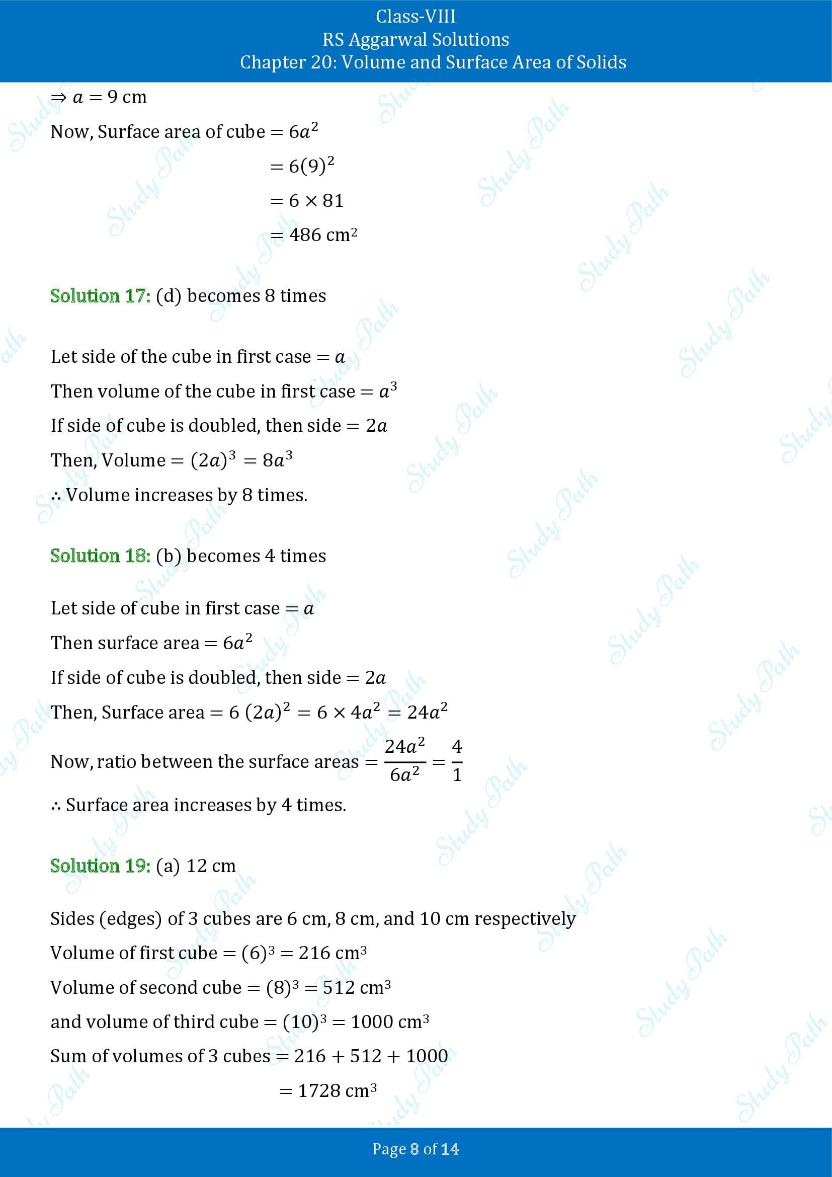 RS Aggarwal Solutions Class 8 Chapter 20 Volume and Surface Area of Solids Exercise 20C MCQs 00008