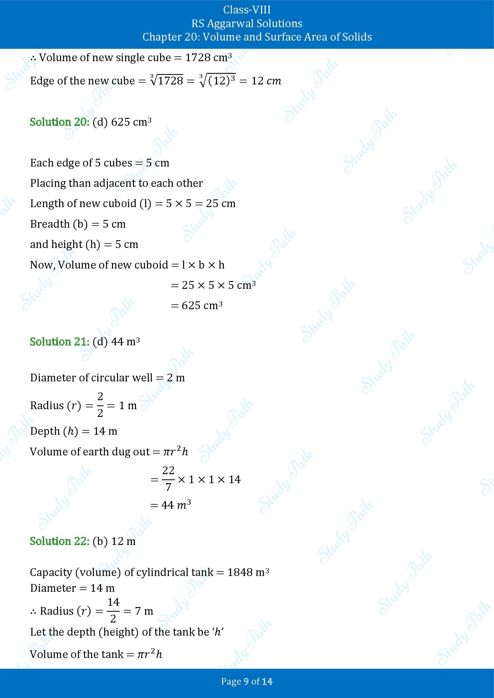 RS Aggarwal Solutions Class 8 Chapter 20 Volume and Surface Area of Solids Exercise 20C MCQs 00009