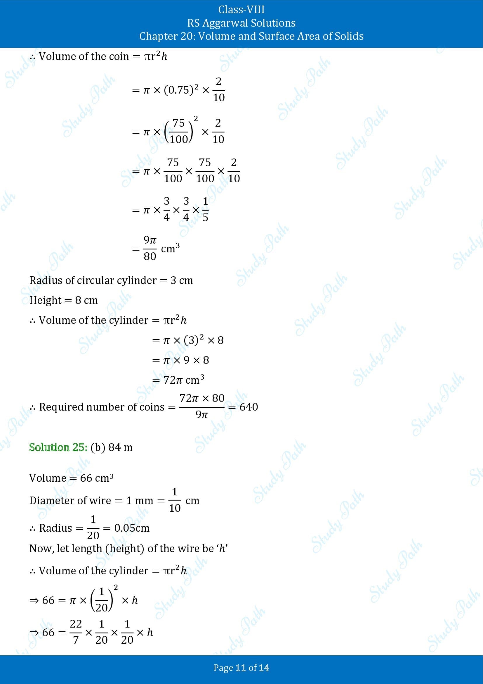 RS Aggarwal Solutions Class 8 Chapter 20 Volume and Surface Area of Solids Exercise 20C MCQs 00011