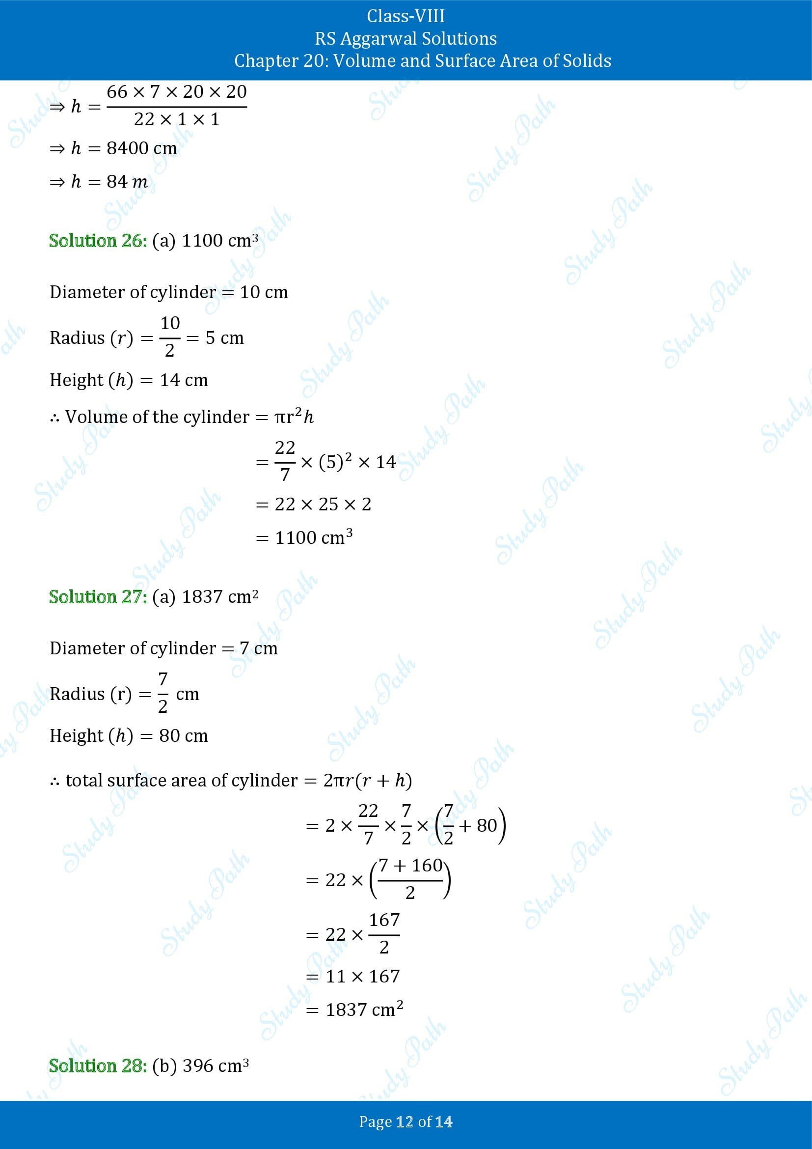 RS Aggarwal Solutions Class 8 Chapter 20 Volume and Surface Area of Solids Exercise 20C MCQs 00012
