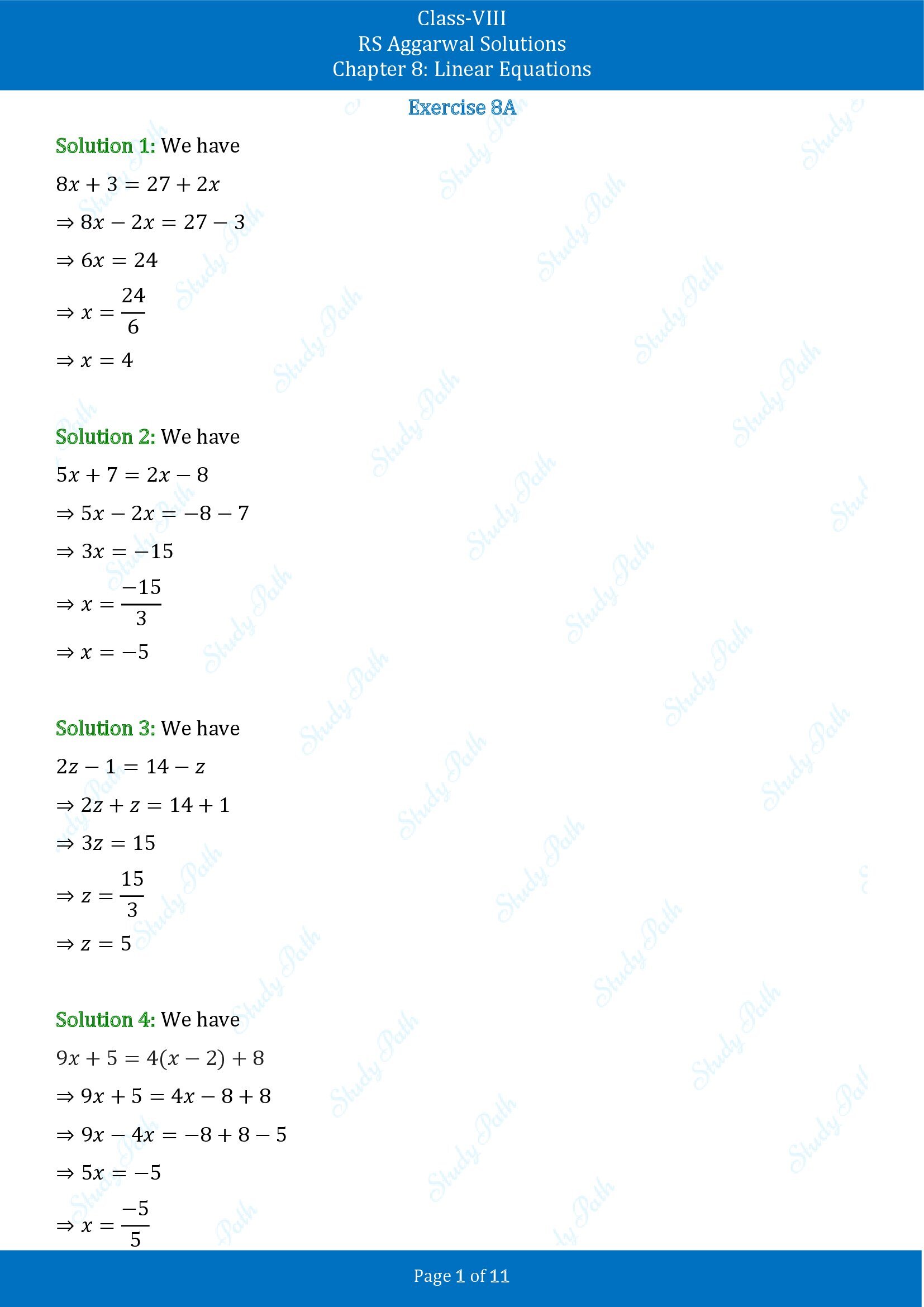 RS Aggarwal Solutions Class 8 Chapter 8 Linear Equations Exercise 8A 00001