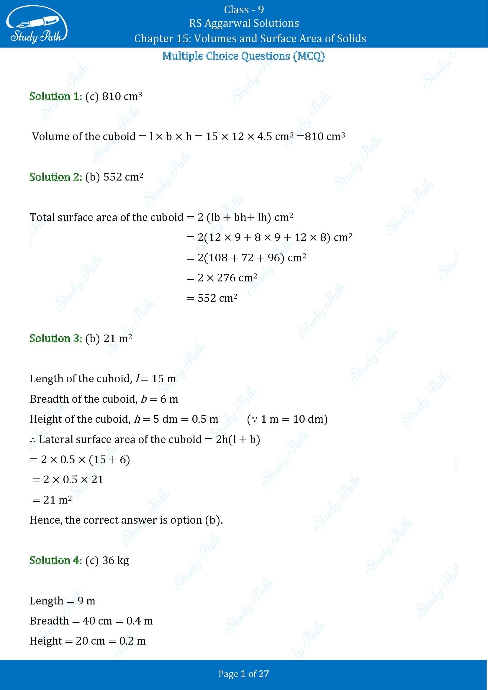 RS Aggarwal Solutions Class 9 Chapter 15 Volumes and Surface Area of Solids Multiple Choice Questions MCQs 00001