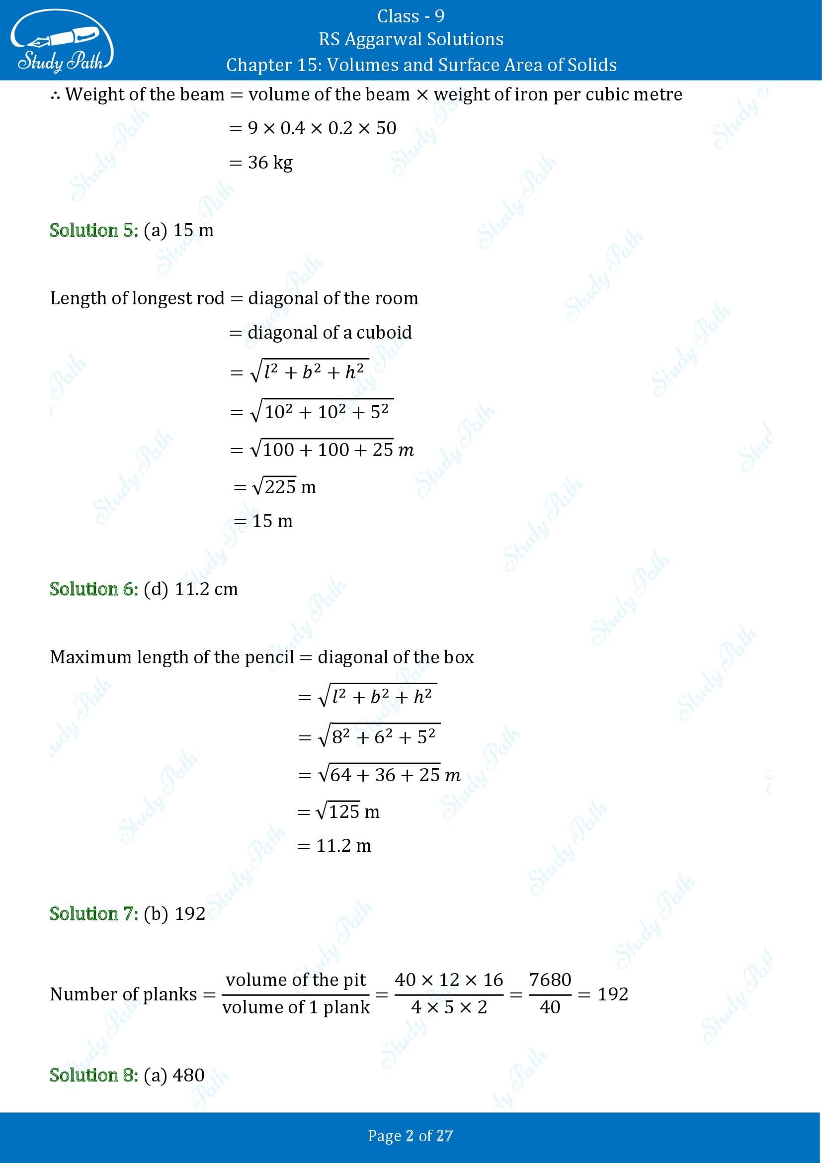 RS Aggarwal Solutions Class 9 Chapter 15 Volumes and Surface Area of Solids Multiple Choice Questions MCQs 00002