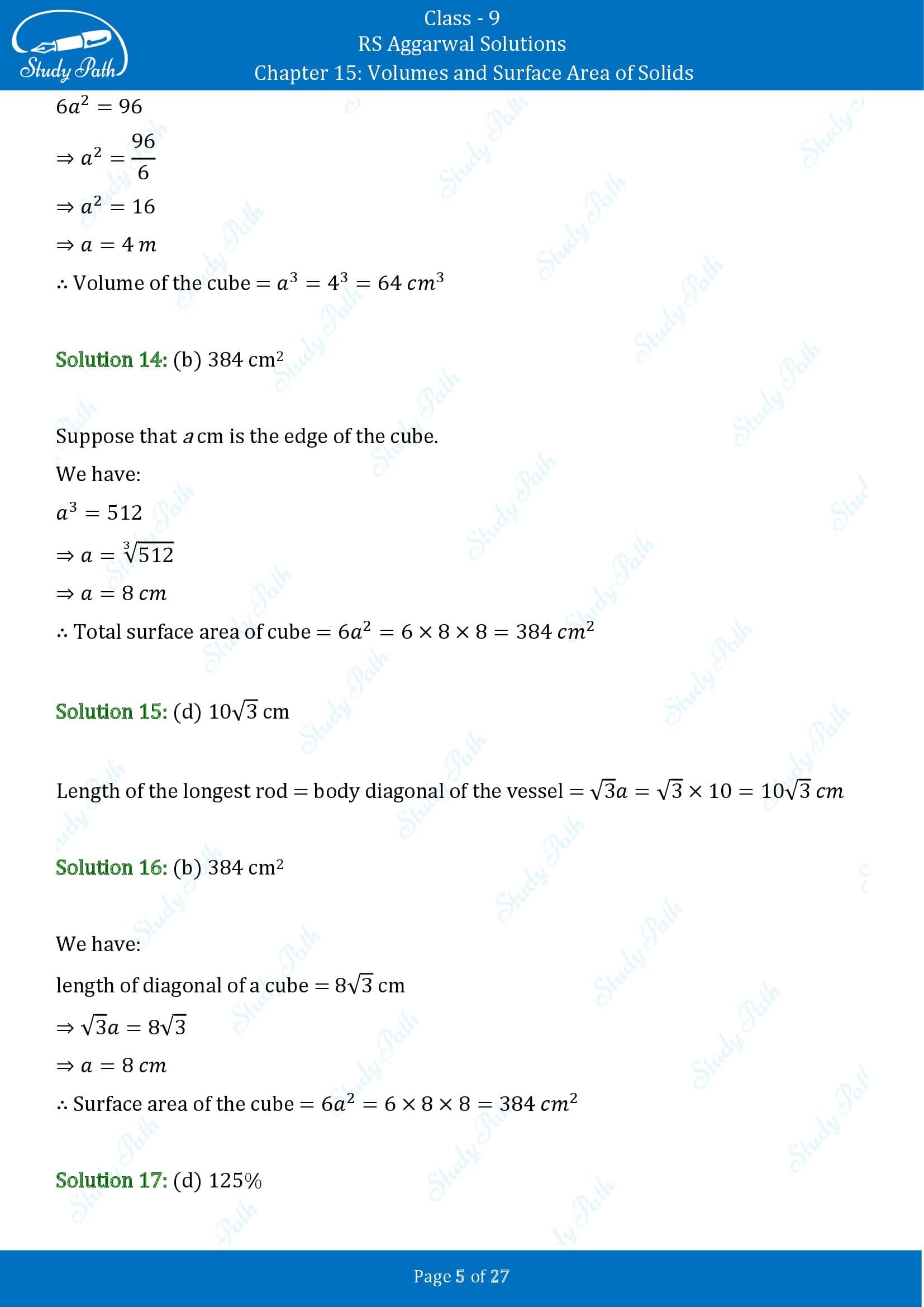 RS Aggarwal Solutions Class 9 Chapter 15 Volumes and Surface Area of Solids Multiple Choice Questions MCQs 00005
