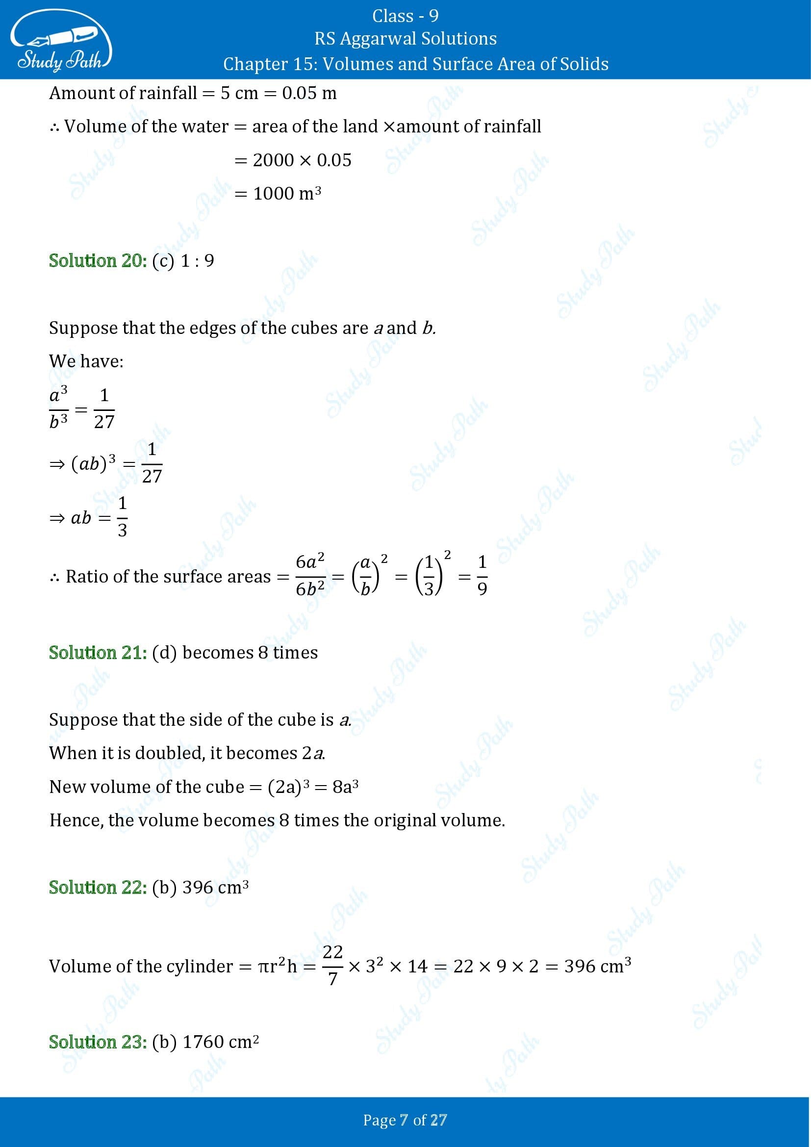 RS Aggarwal Solutions Class 9 Chapter 15 Volumes and Surface Area of Solids Multiple Choice Questions MCQs 00007