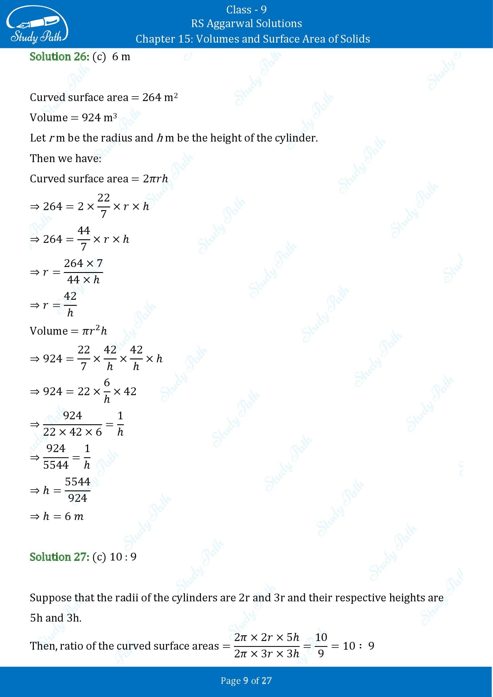 RS Aggarwal Solutions Class 9 Chapter 15 Volumes and Surface Area of Solids Multiple Choice Questions MCQs 00009