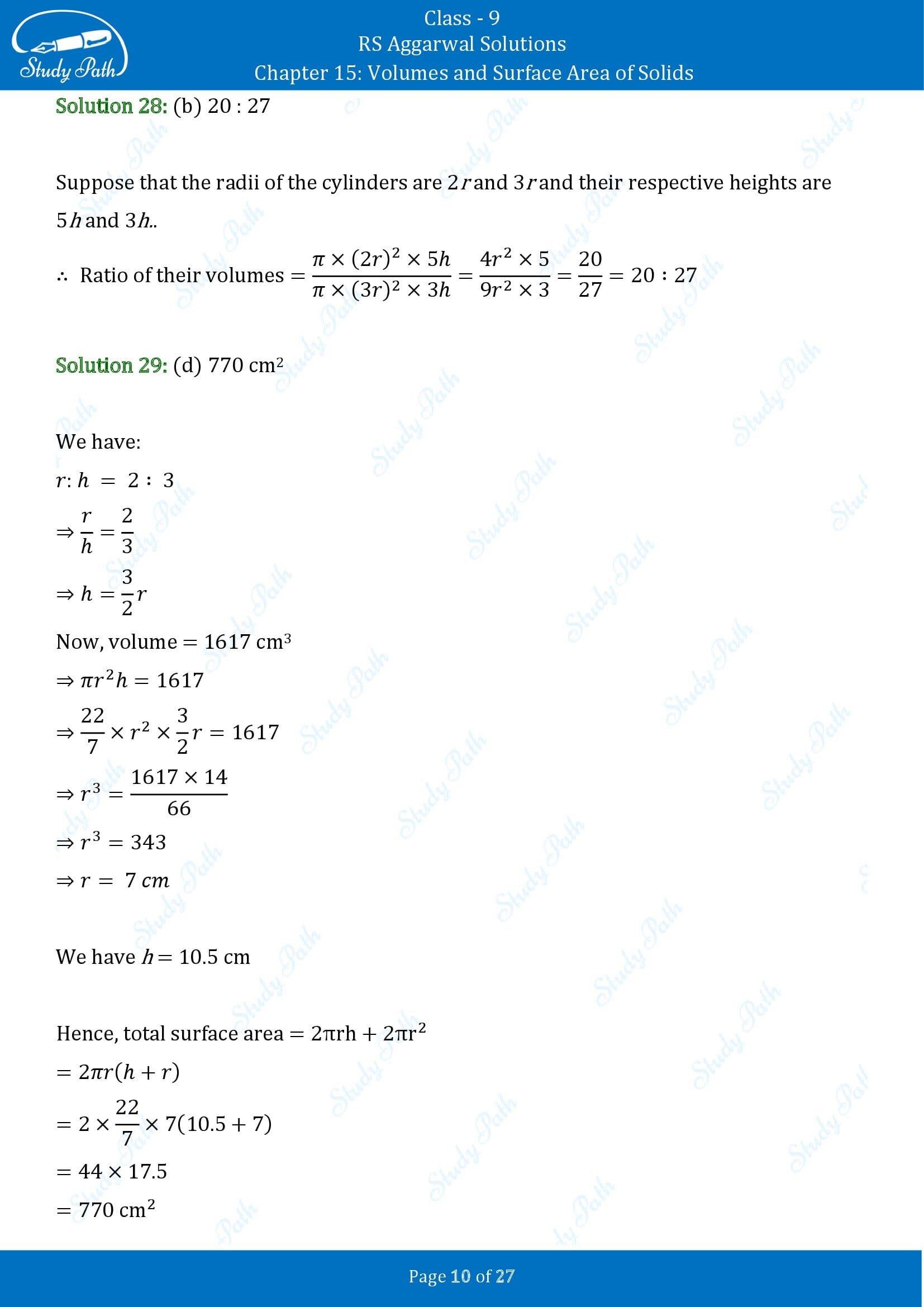 RS Aggarwal Solutions Class 9 Chapter 15 Volumes and Surface Area of Solids Multiple Choice Questions MCQs 00010