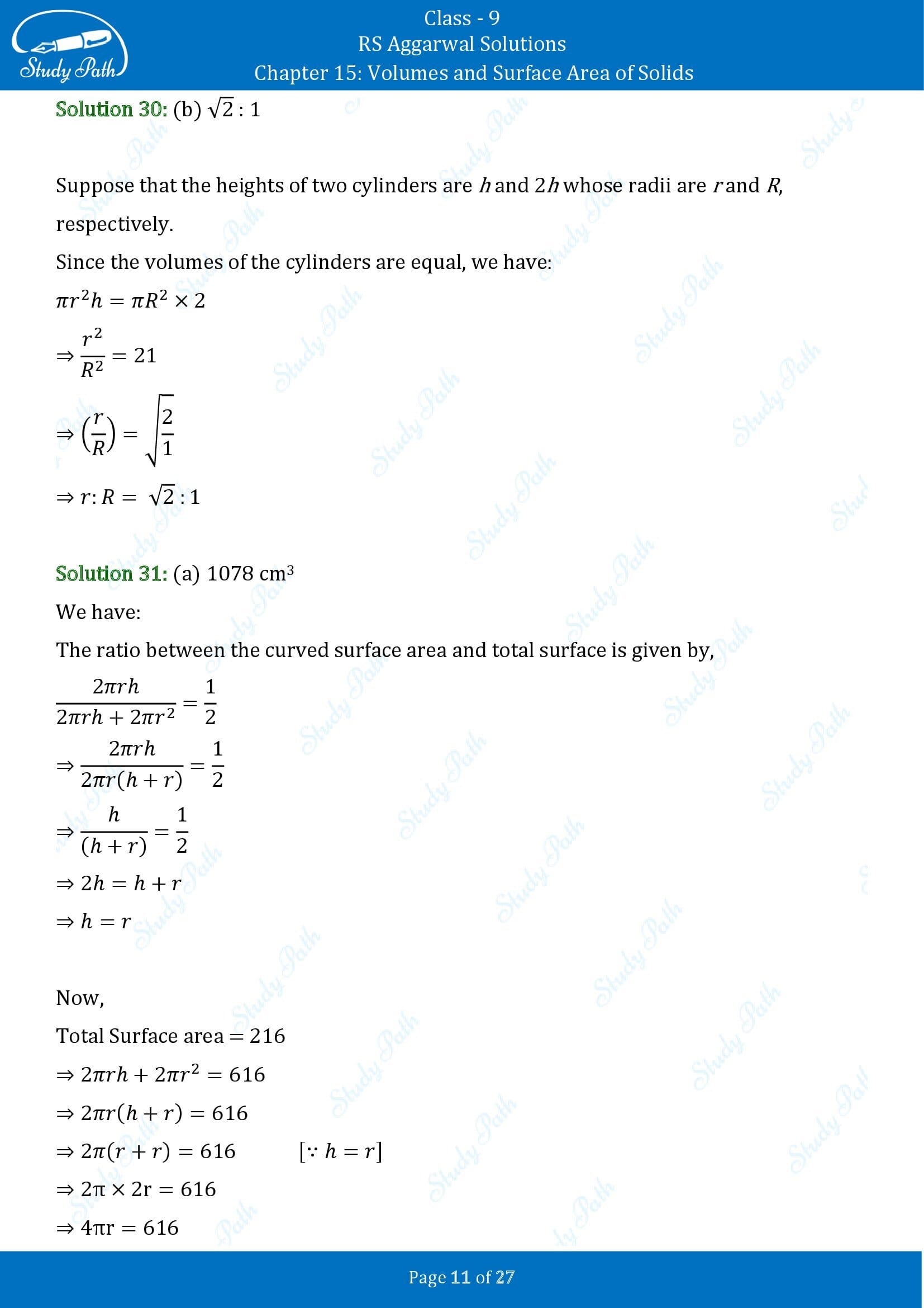 RS Aggarwal Solutions Class 9 Chapter 15 Volumes and Surface Area of Solids Multiple Choice Questions MCQs 00011