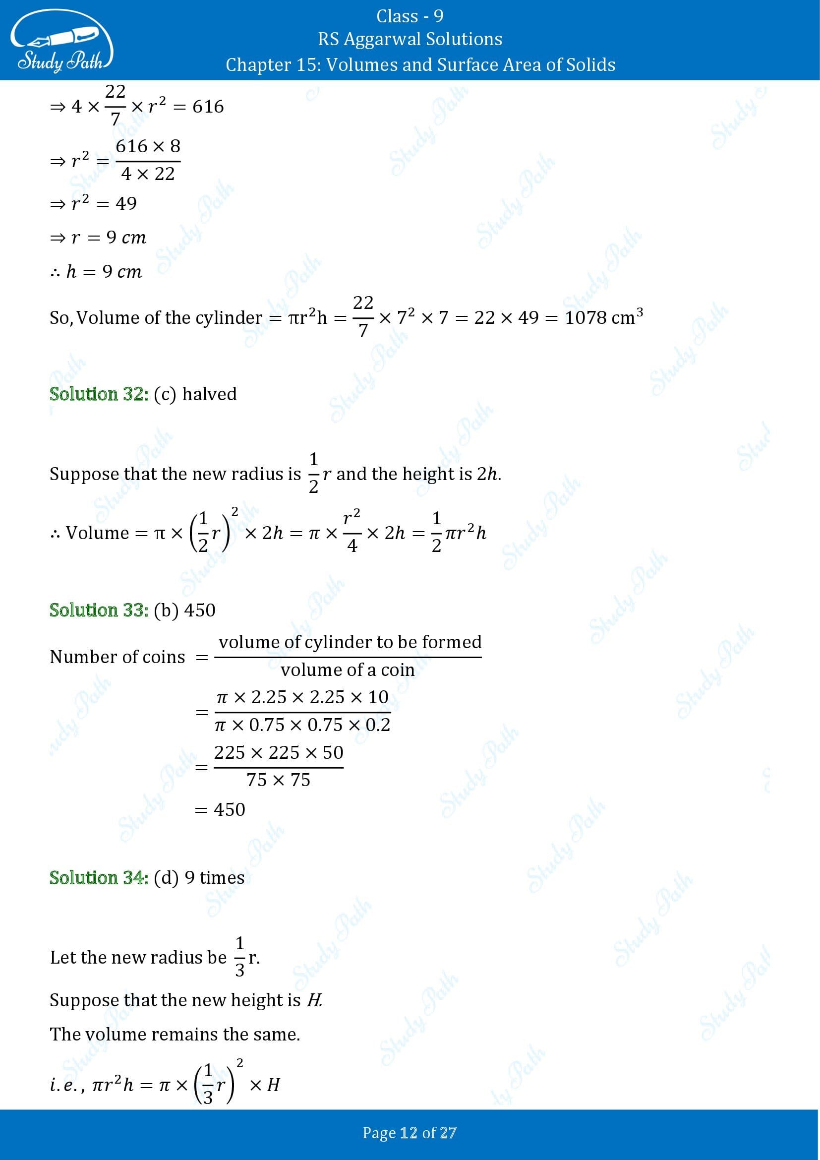 RS Aggarwal Solutions Class 9 Chapter 15 Volumes and Surface Area of Solids Multiple Choice Questions MCQs 00012