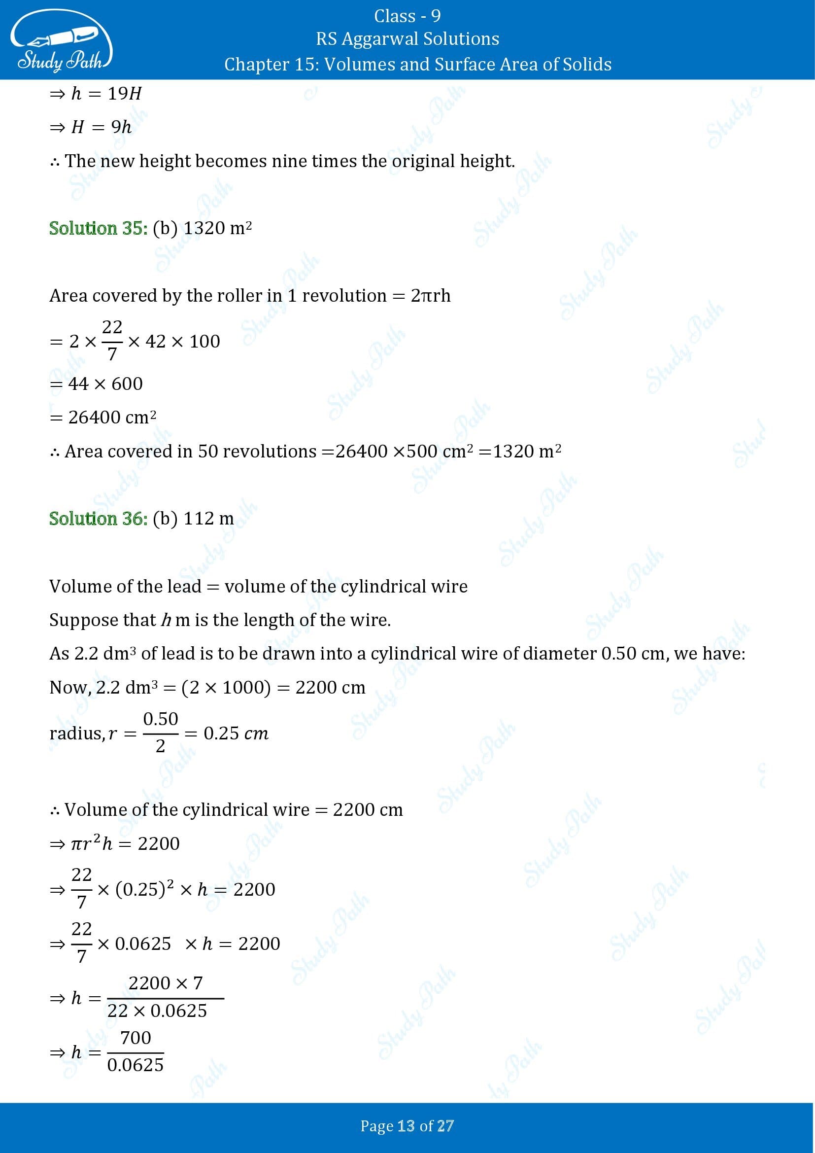RS Aggarwal Solutions Class 9 Chapter 15 Volumes and Surface Area of Solids Multiple Choice Questions MCQs 00013