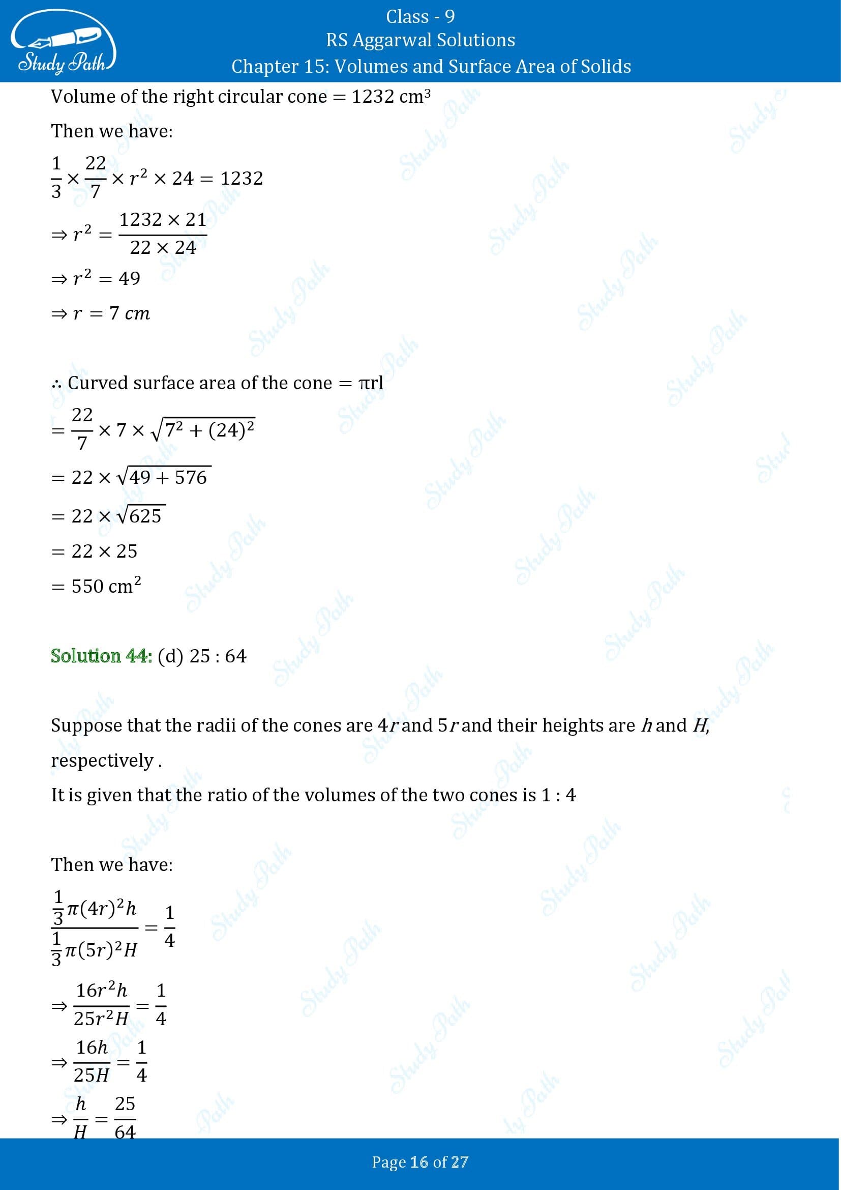 RS Aggarwal Solutions Class 9 Chapter 15 Volumes and Surface Area of Solids Multiple Choice Questions MCQs 00016