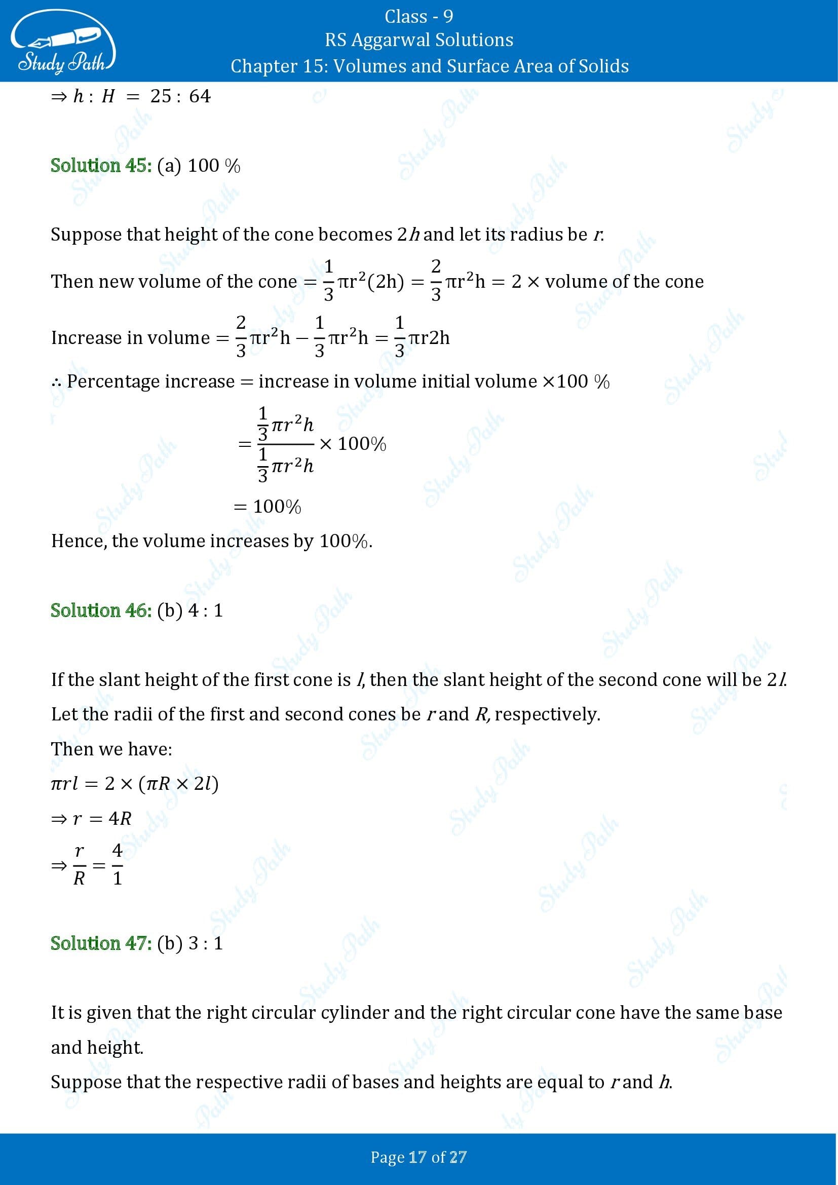 RS Aggarwal Solutions Class 9 Chapter 15 Volumes and Surface Area of Solids Multiple Choice Questions MCQs 00017