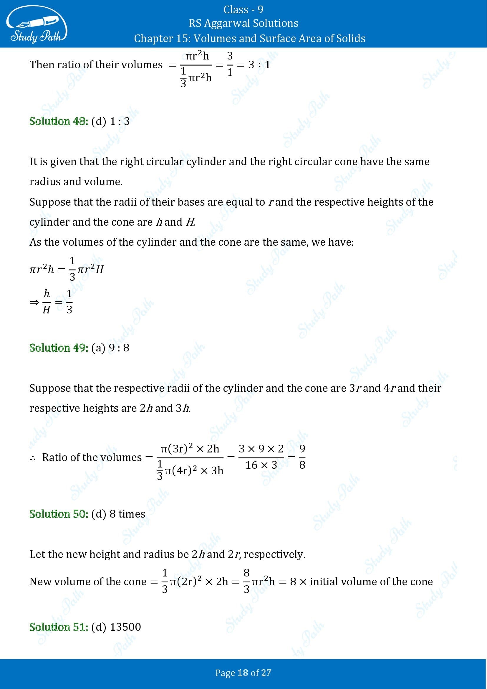 RS Aggarwal Solutions Class 9 Chapter 15 Volumes and Surface Area of Solids Multiple Choice Questions MCQs 00018