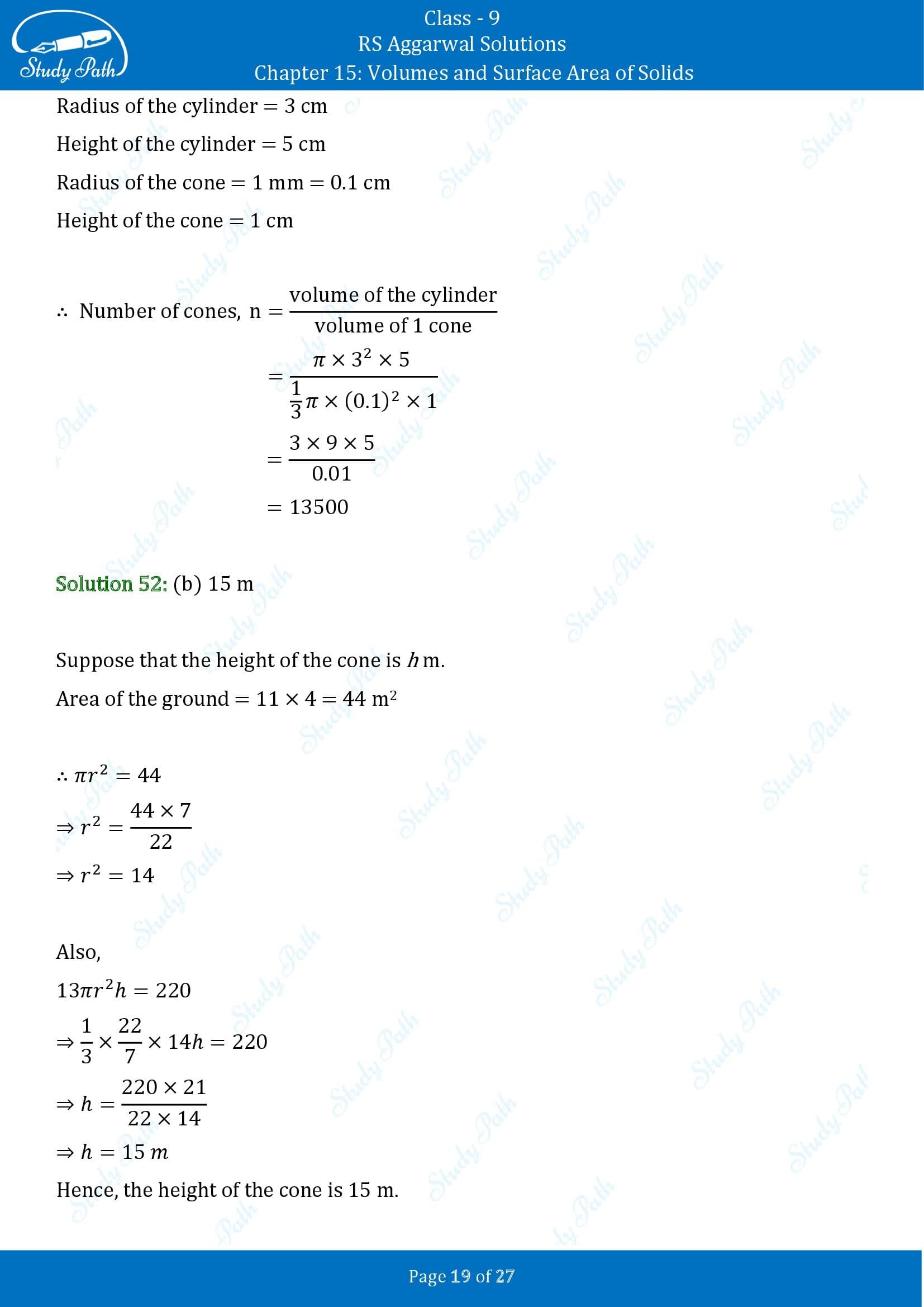 RS Aggarwal Solutions Class 9 Chapter 15 Volumes and Surface Area of Solids Multiple Choice Questions MCQs 00019