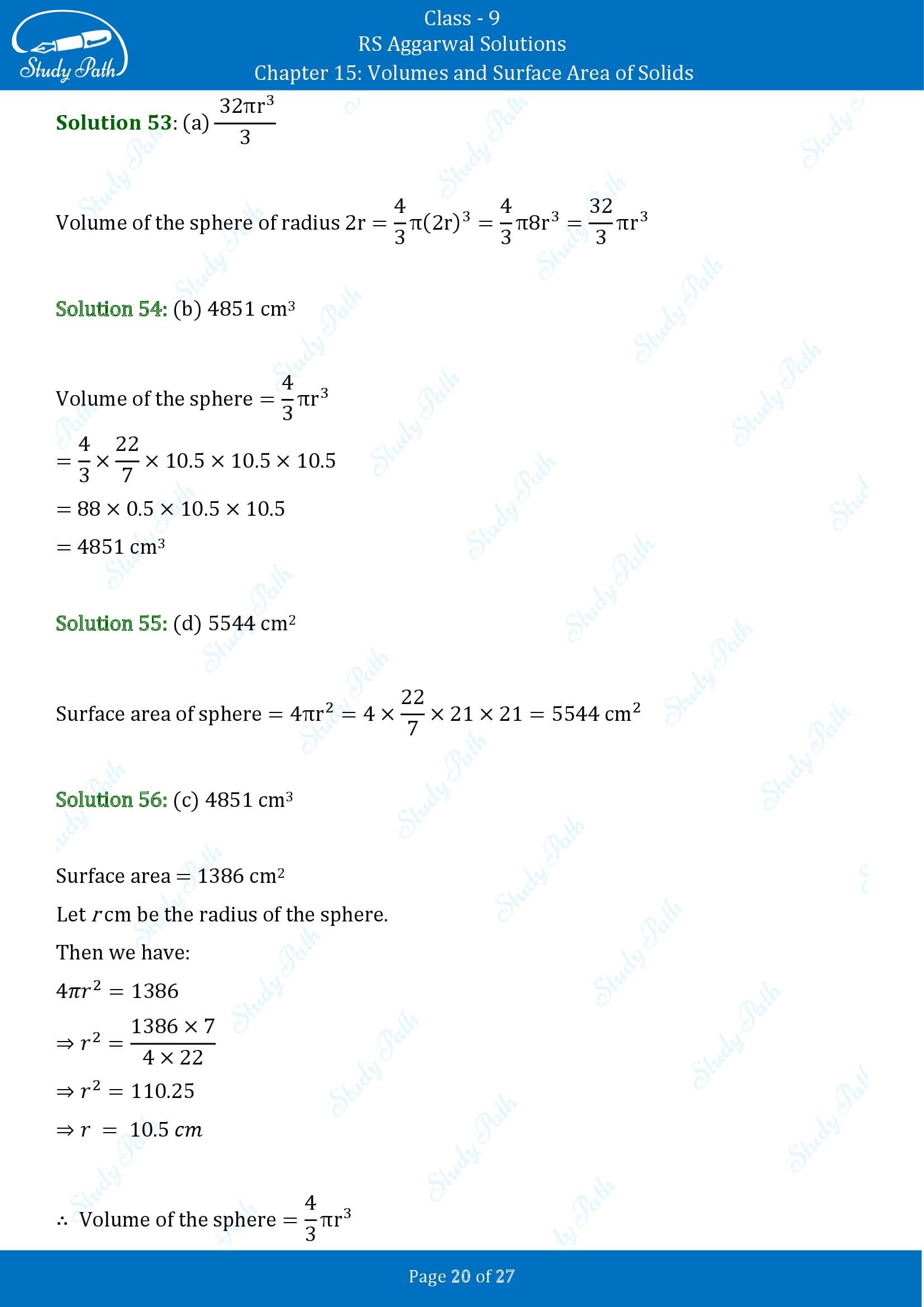RS Aggarwal Solutions Class 9 Chapter 15 Volumes and Surface Area of Solids Multiple Choice Questions MCQs 00020