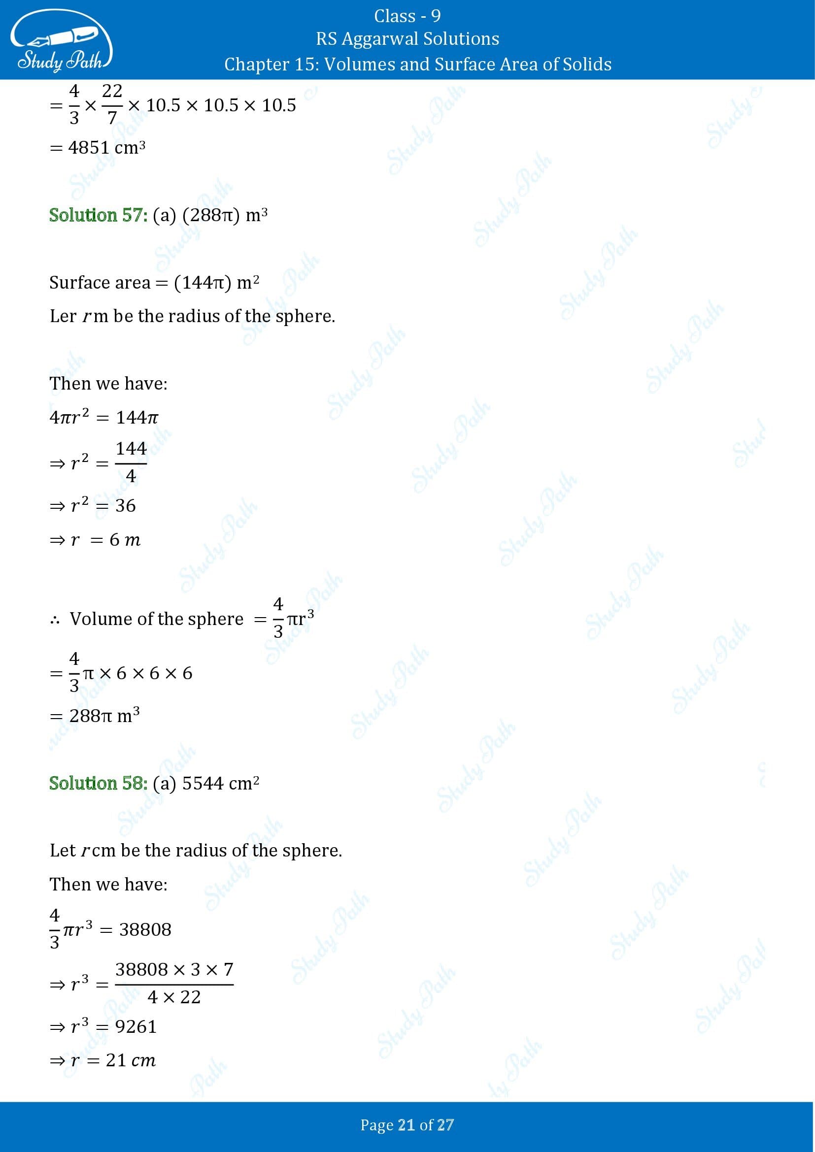 RS Aggarwal Solutions Class 9 Chapter 15 Volumes and Surface Area of Solids Multiple Choice Questions MCQs 00021