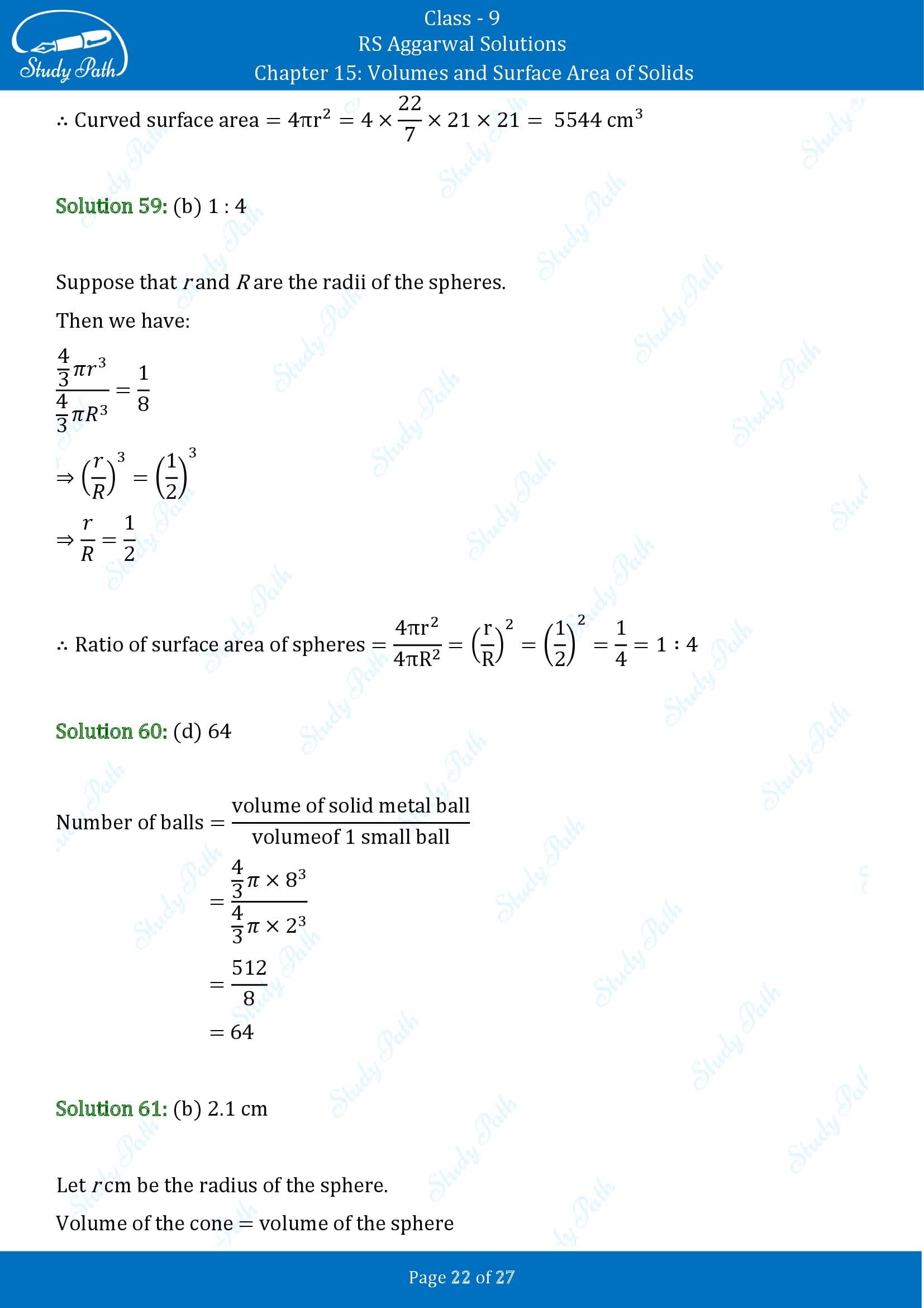 RS Aggarwal Solutions Class 9 Chapter 15 Volumes and Surface Area of Solids Multiple Choice Questions MCQs 00022