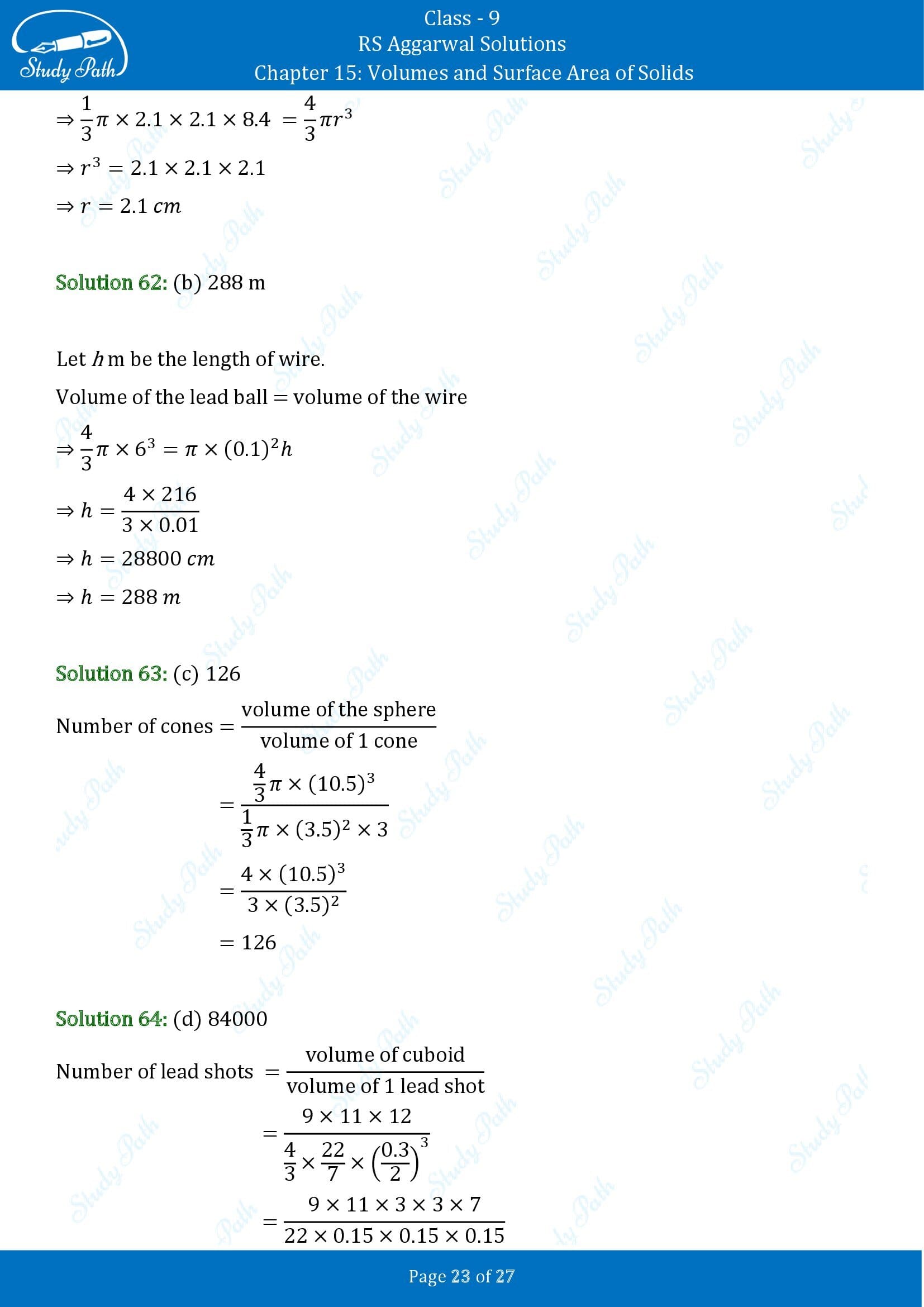 RS Aggarwal Solutions Class 9 Chapter 15 Volumes and Surface Area of Solids Multiple Choice Questions MCQs 00023
