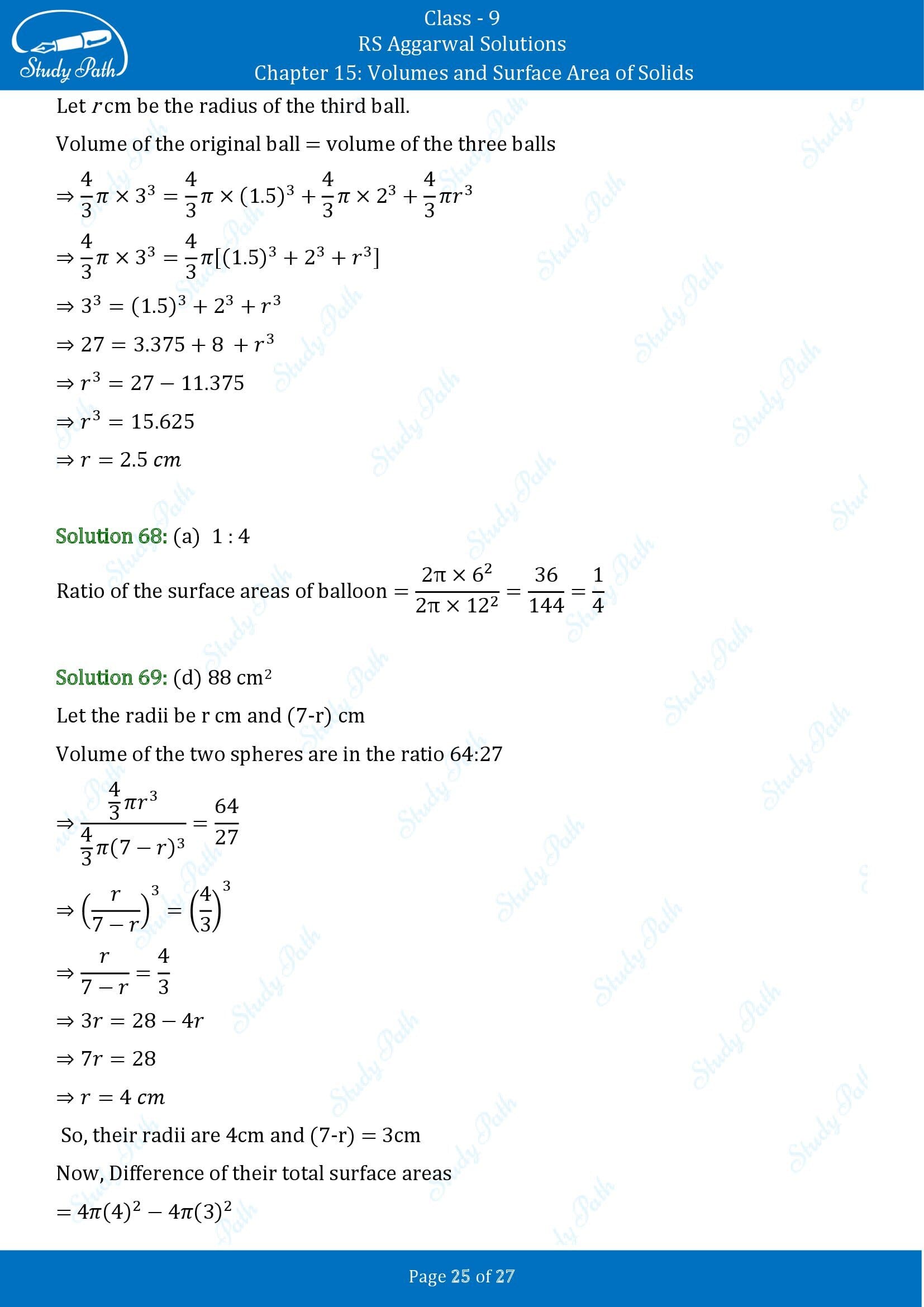 RS Aggarwal Solutions Class 9 Chapter 15 Volumes and Surface Area of Solids Multiple Choice Questions MCQs 00025