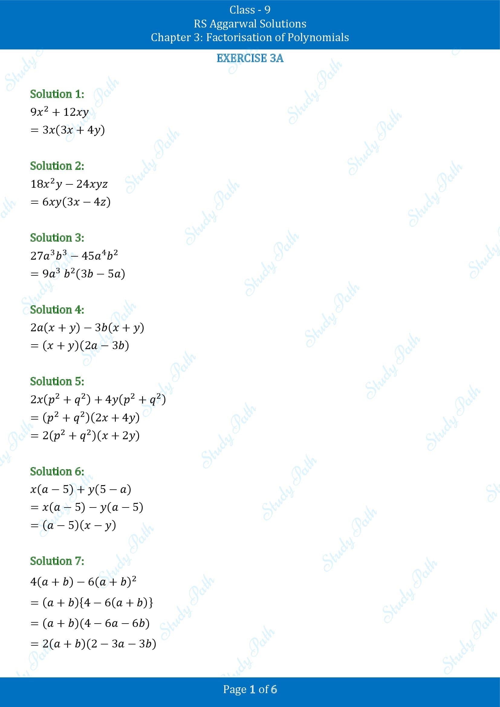 RS Aggarwal Solutions Class 9 Chapter 3 Factorisation of Polynomials Exercise 3A 00001