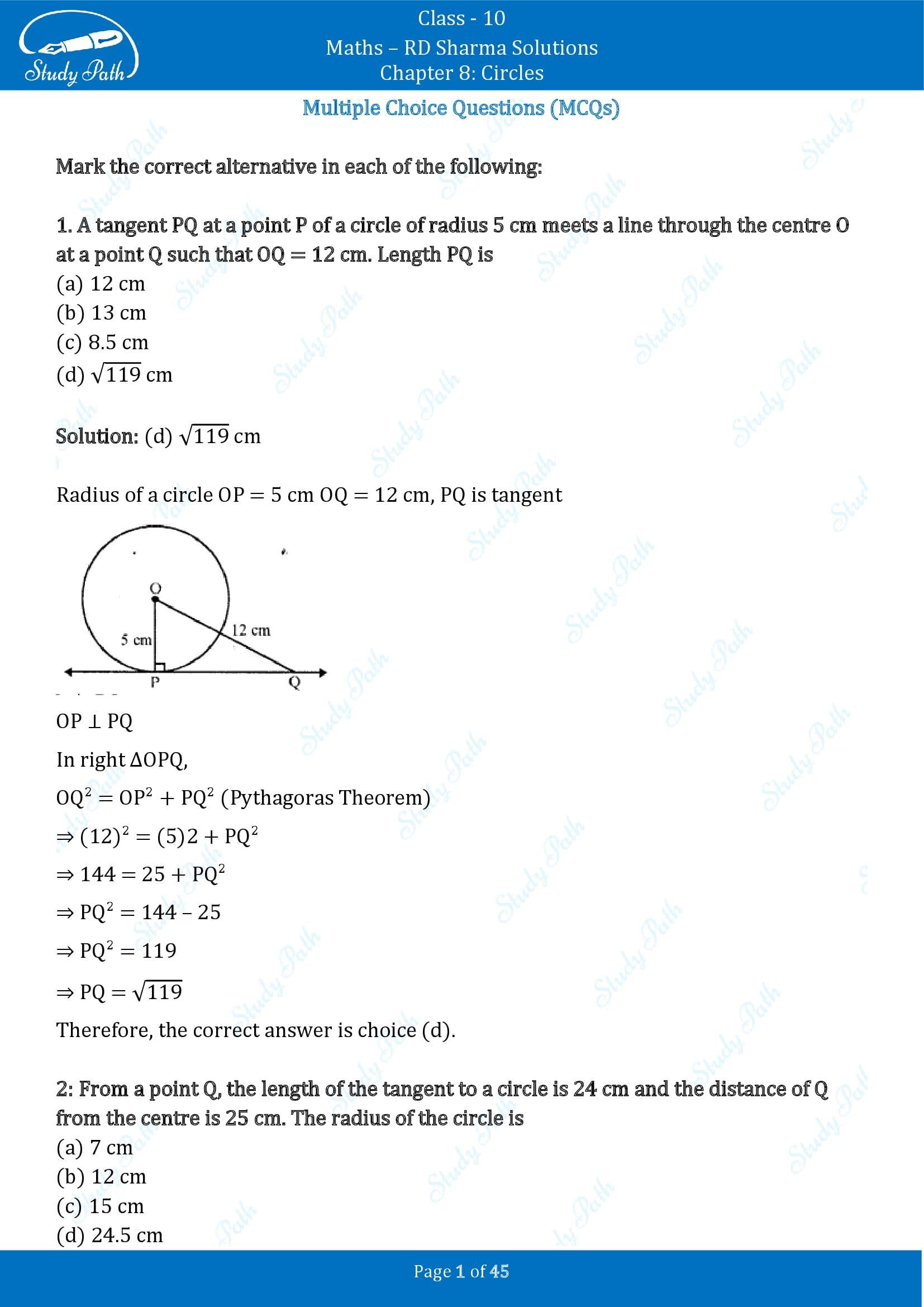 RD Sharma Solutions Class 10 Chapter 8 Circles Multiple Choice Questions MCQs 00001