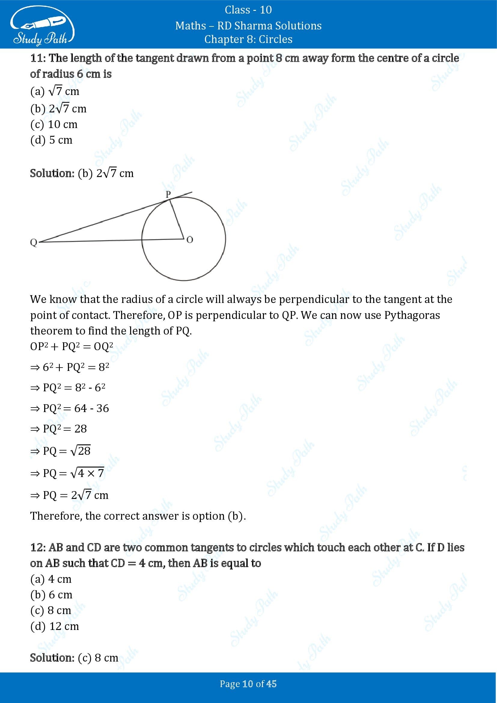 RD Sharma Solutions Class 10 Chapter 8 Circles Multiple Choice Questions MCQs 00010