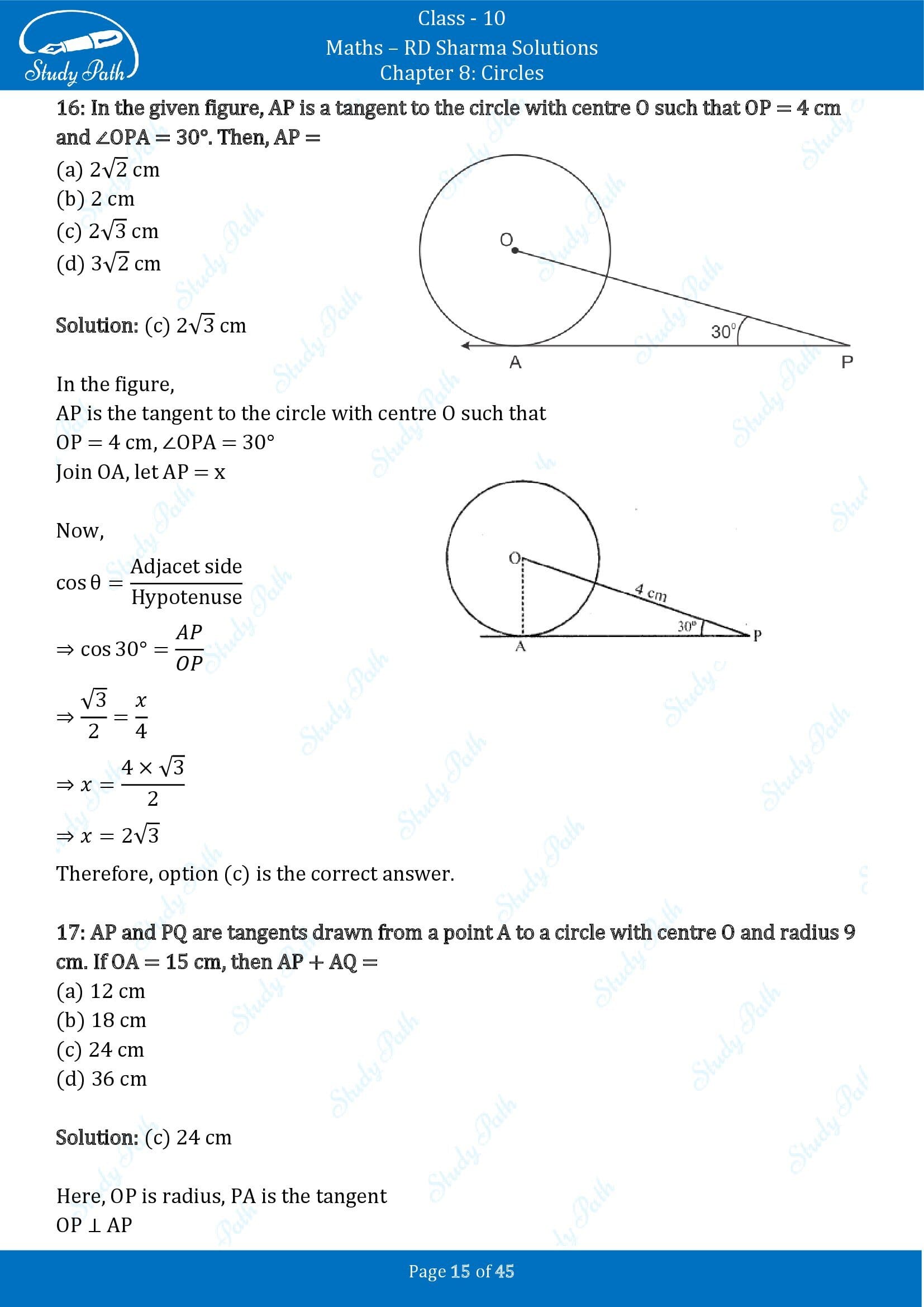 RD Sharma Solutions Class 10 Chapter 8 Circles Multiple Choice Questions MCQs 00015