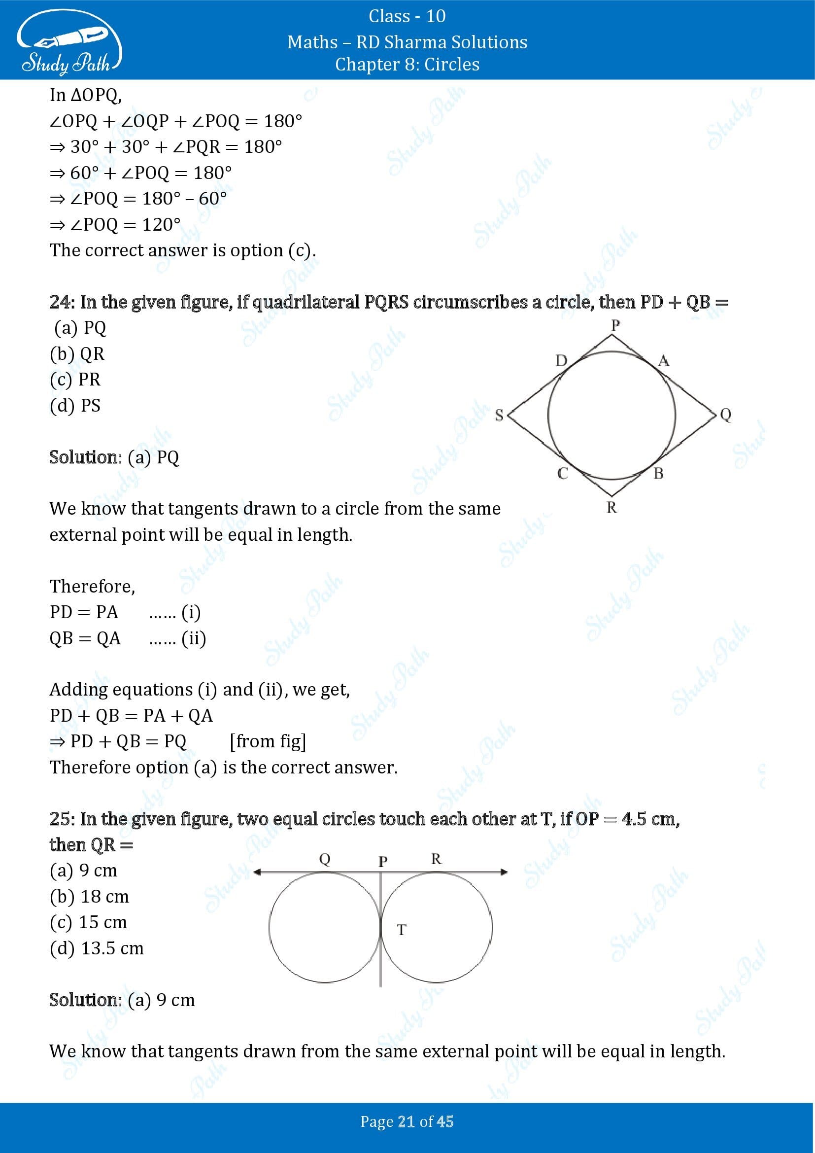 RD Sharma Solutions Class 10 Chapter 8 Circles Multiple Choice Questions MCQs 00021