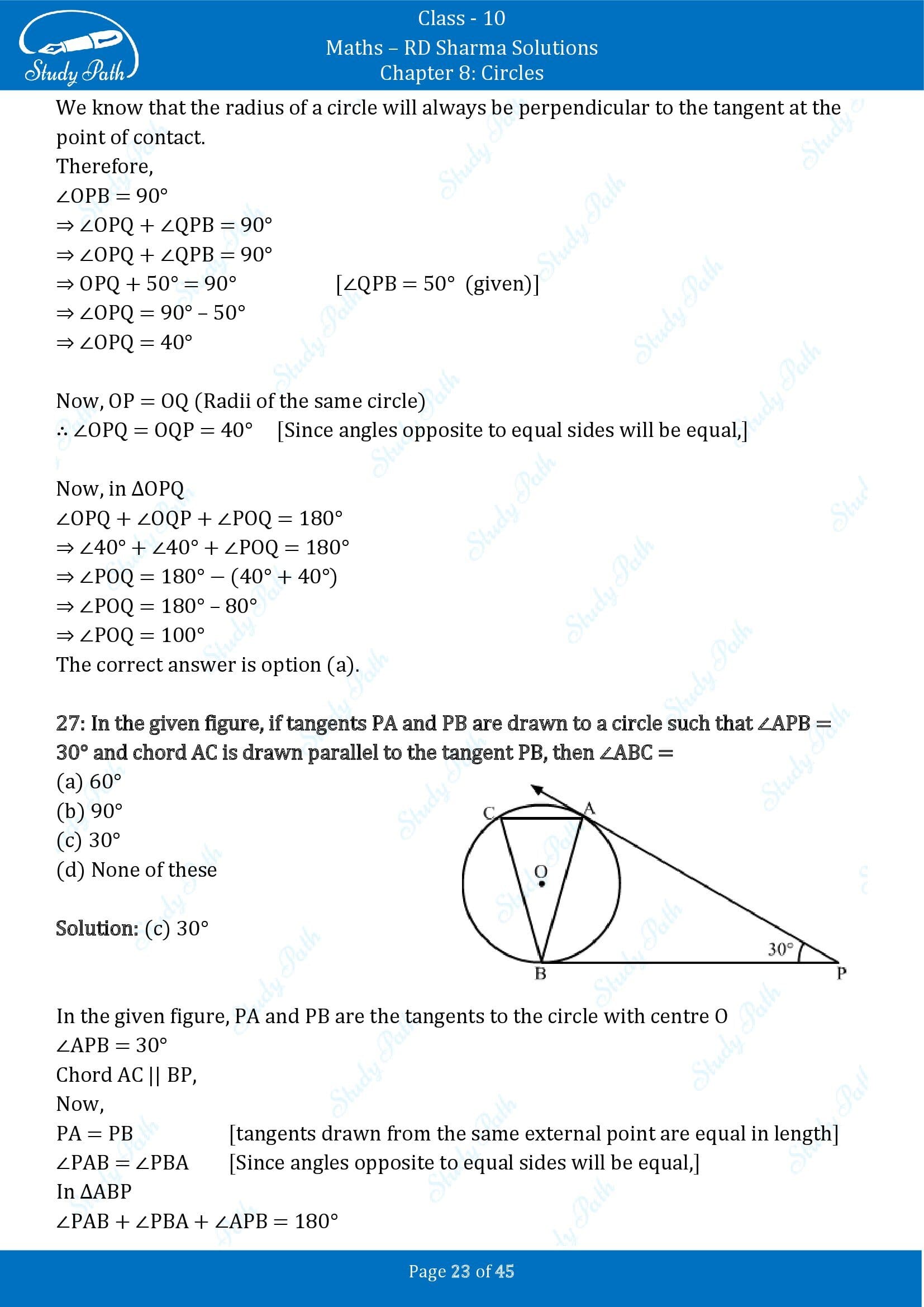RD Sharma Solutions Class 10 Chapter 8 Circles Multiple Choice Questions MCQs 00023