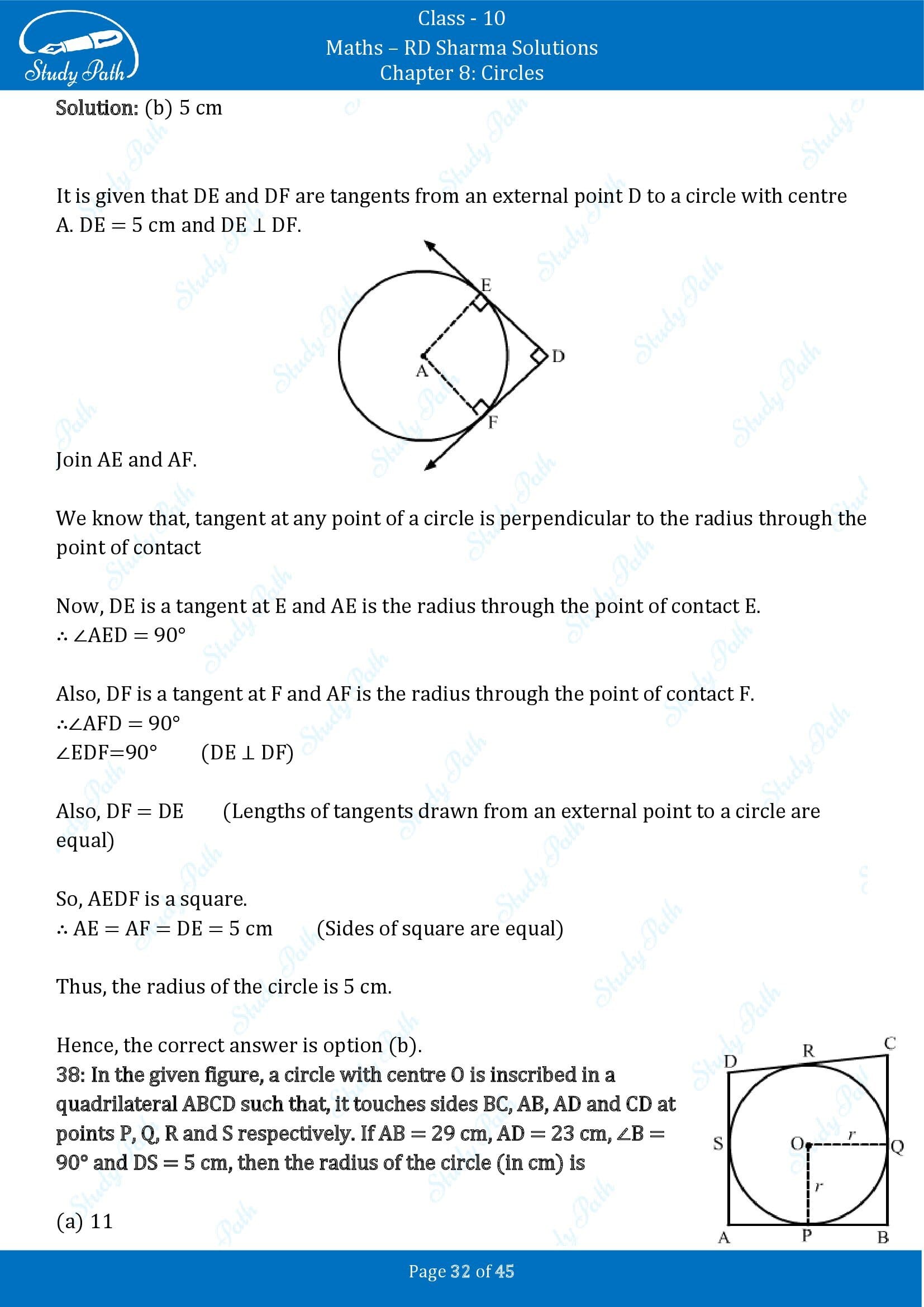 RD Sharma Solutions Class 10 Chapter 8 Circles Multiple Choice Questions MCQs 00032